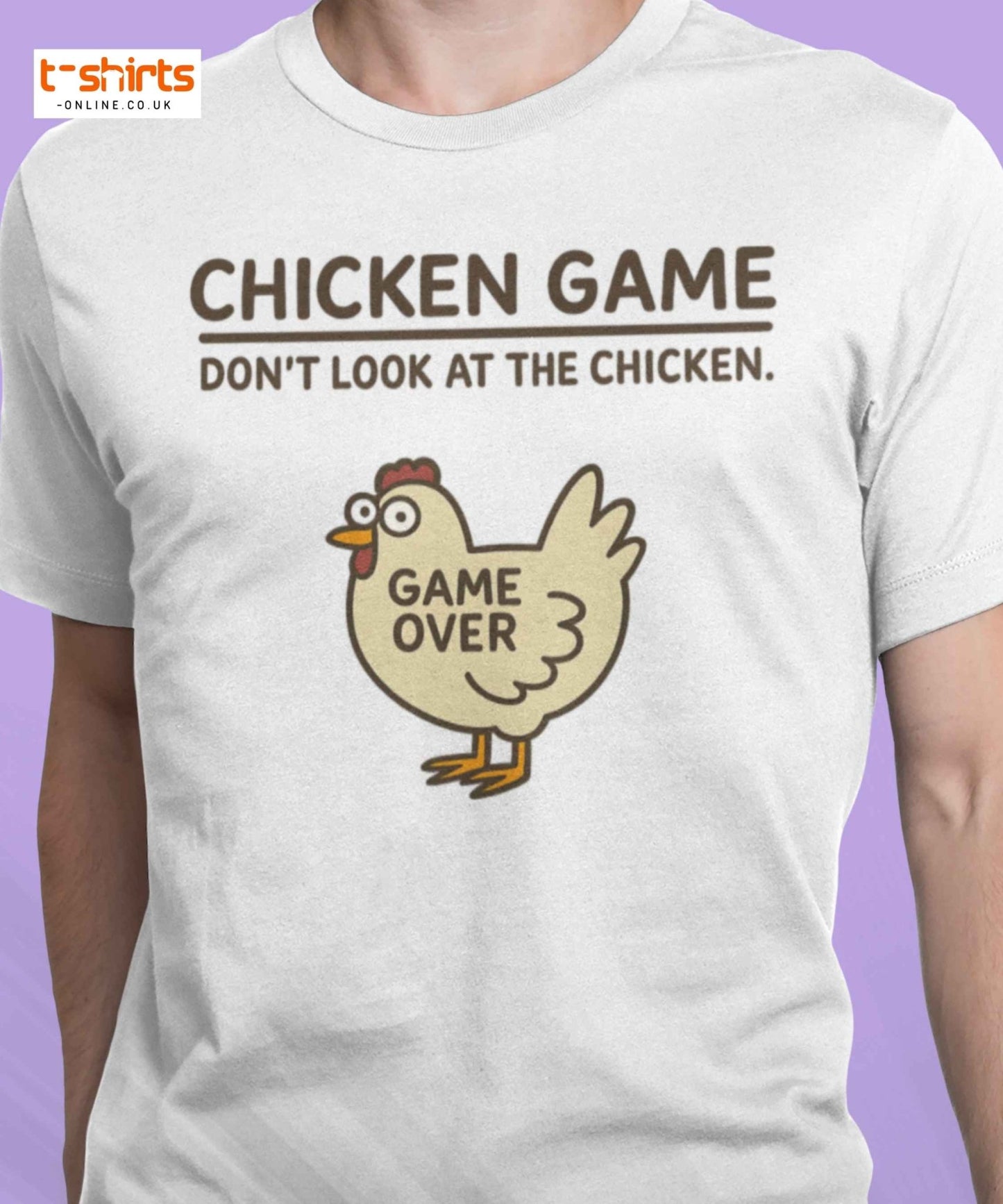 White t-shirt with a graphic of a chicken and text on a purple background