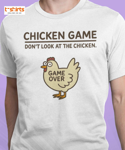 White t-shirt with a graphic of a chicken and text on a purple background