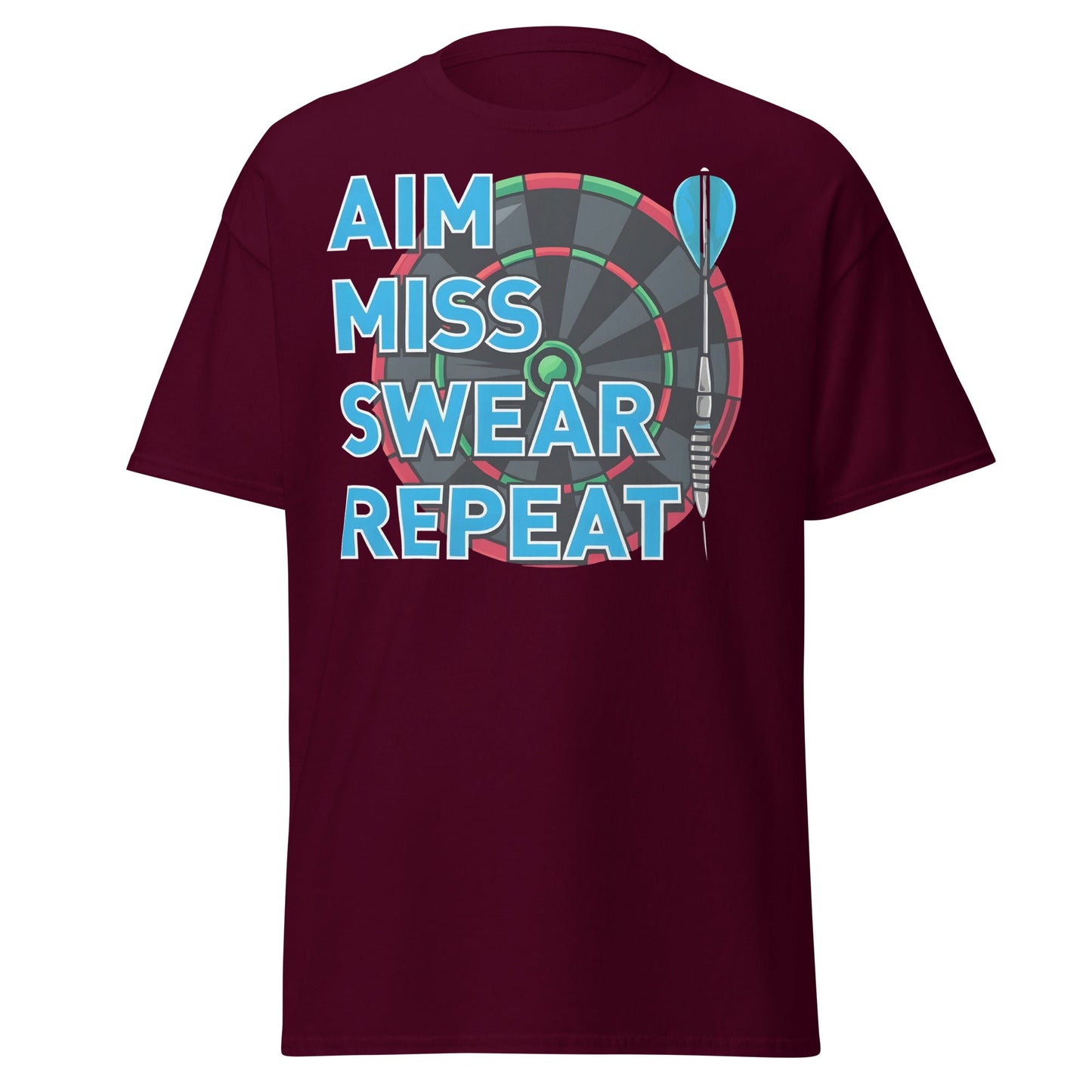 Funny Darts T-Shirt - Aim Miss Swear Repeat Tee - Maroon - T-Shirts Online