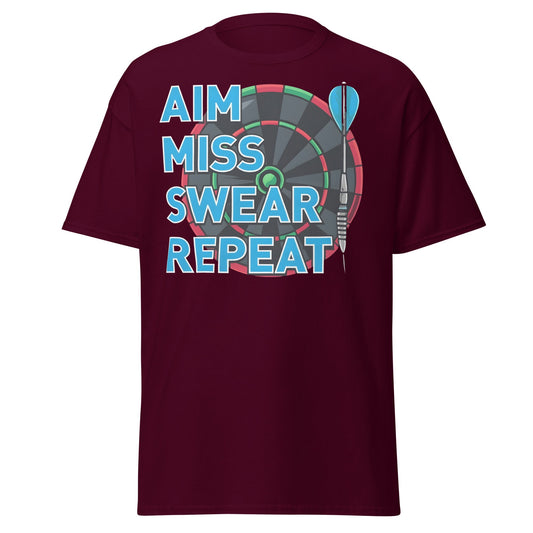 Funny Darts T-Shirt - Aim Miss Swear Repeat Tee - Maroon - T-Shirts Online