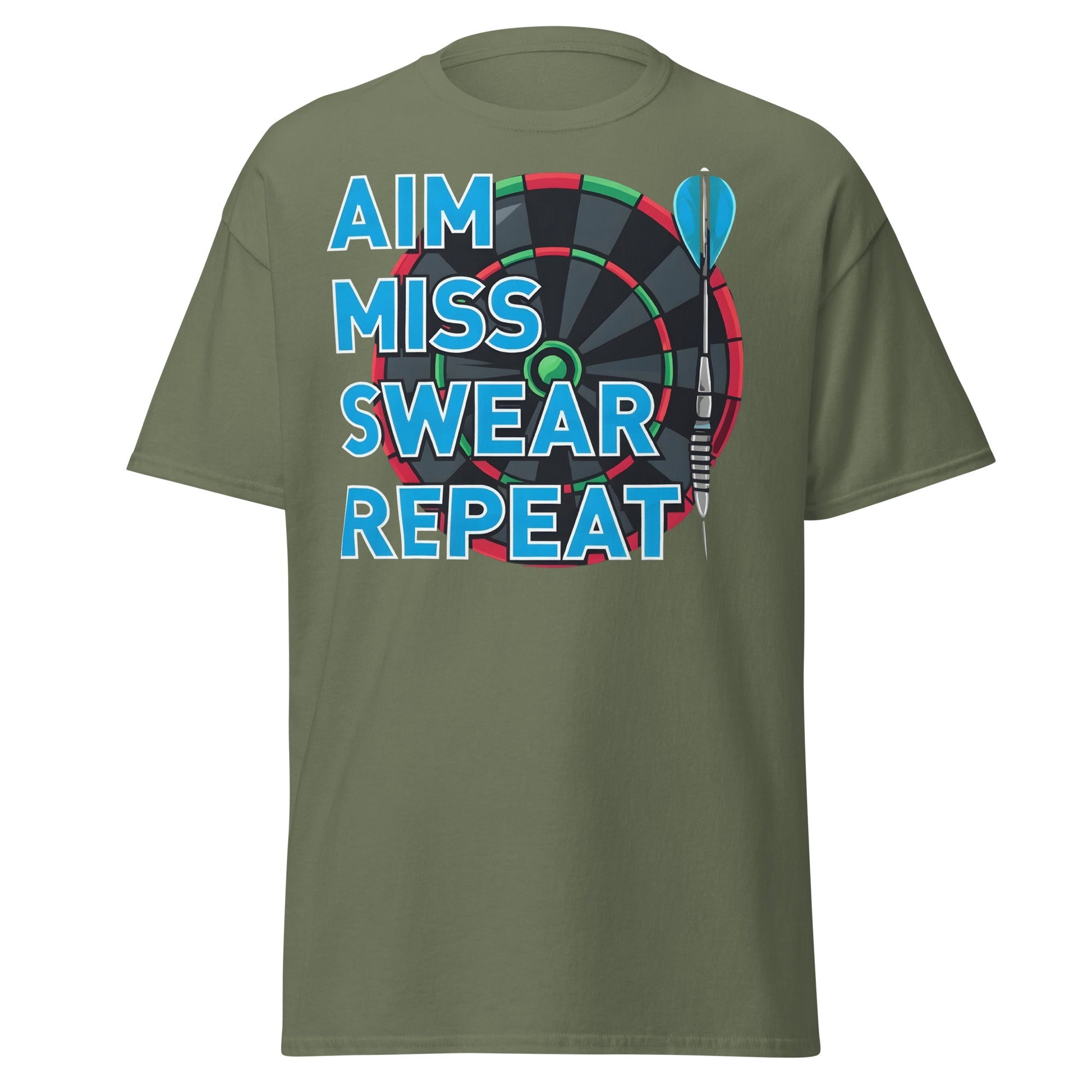 Funny Darts T-Shirt - Aim Miss Swear Repeat Tee - Military Green - T-Shirts Online