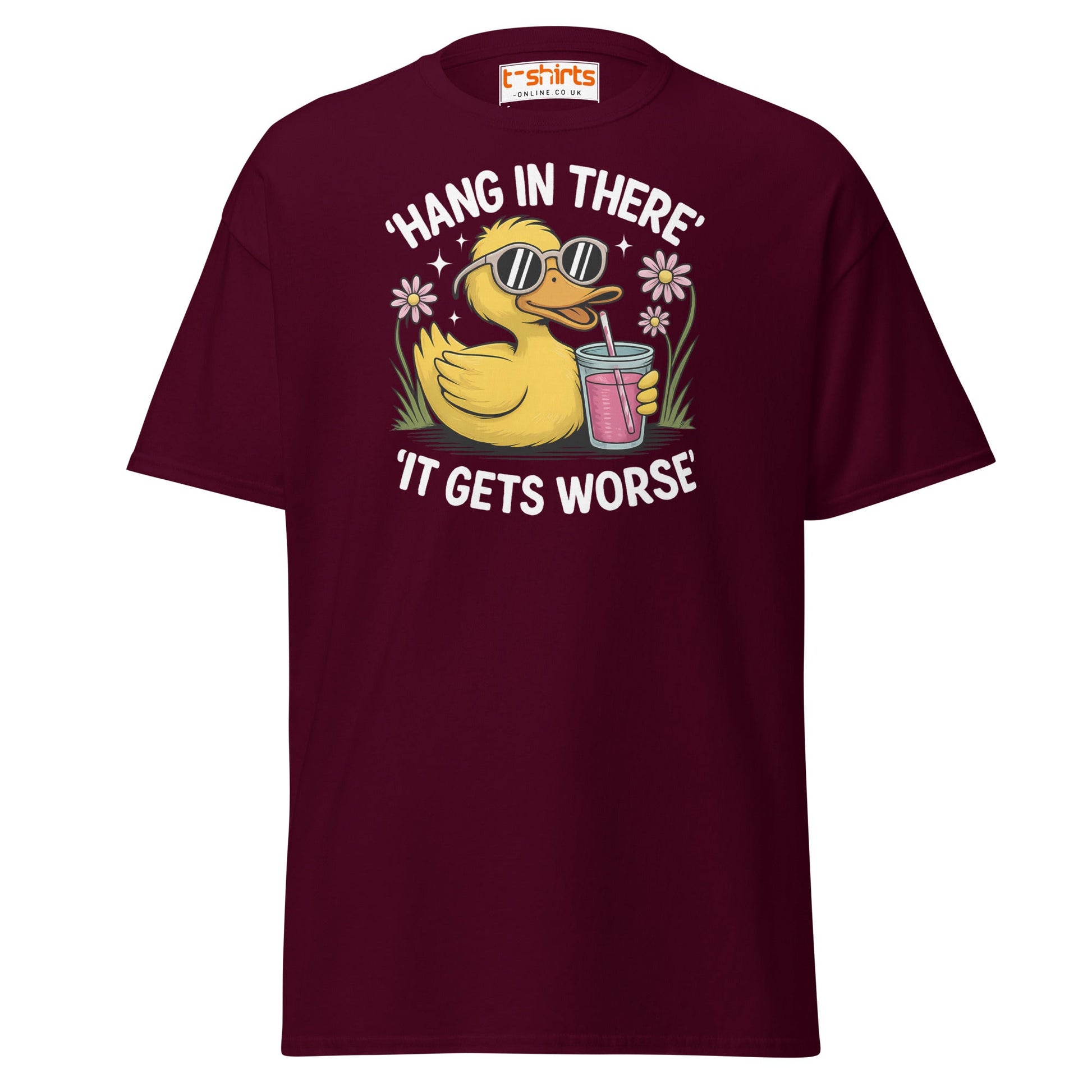 Funny Duck "Hang in There" T-Shirt - Maroon - T-Shirts Online