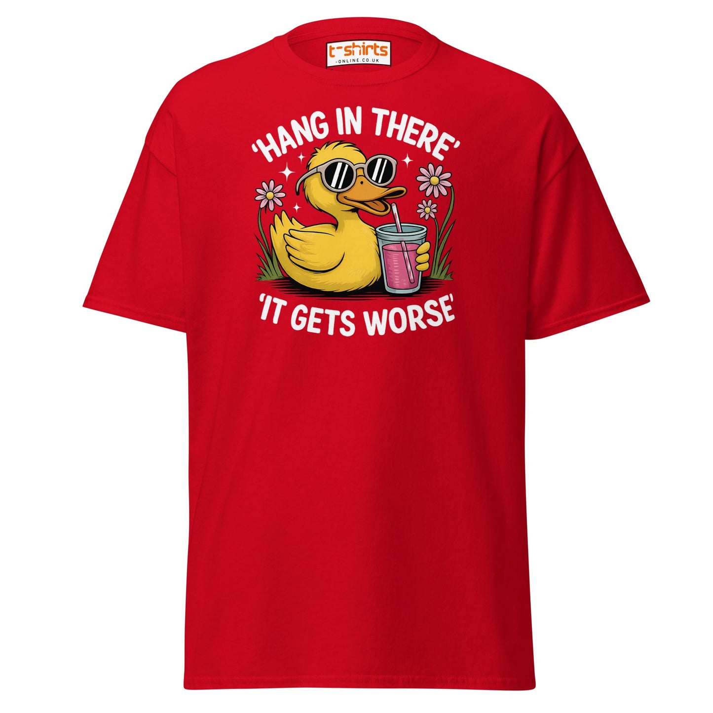 Funny Duck "Hang in There" T-Shirt - Red - T-Shirts Online