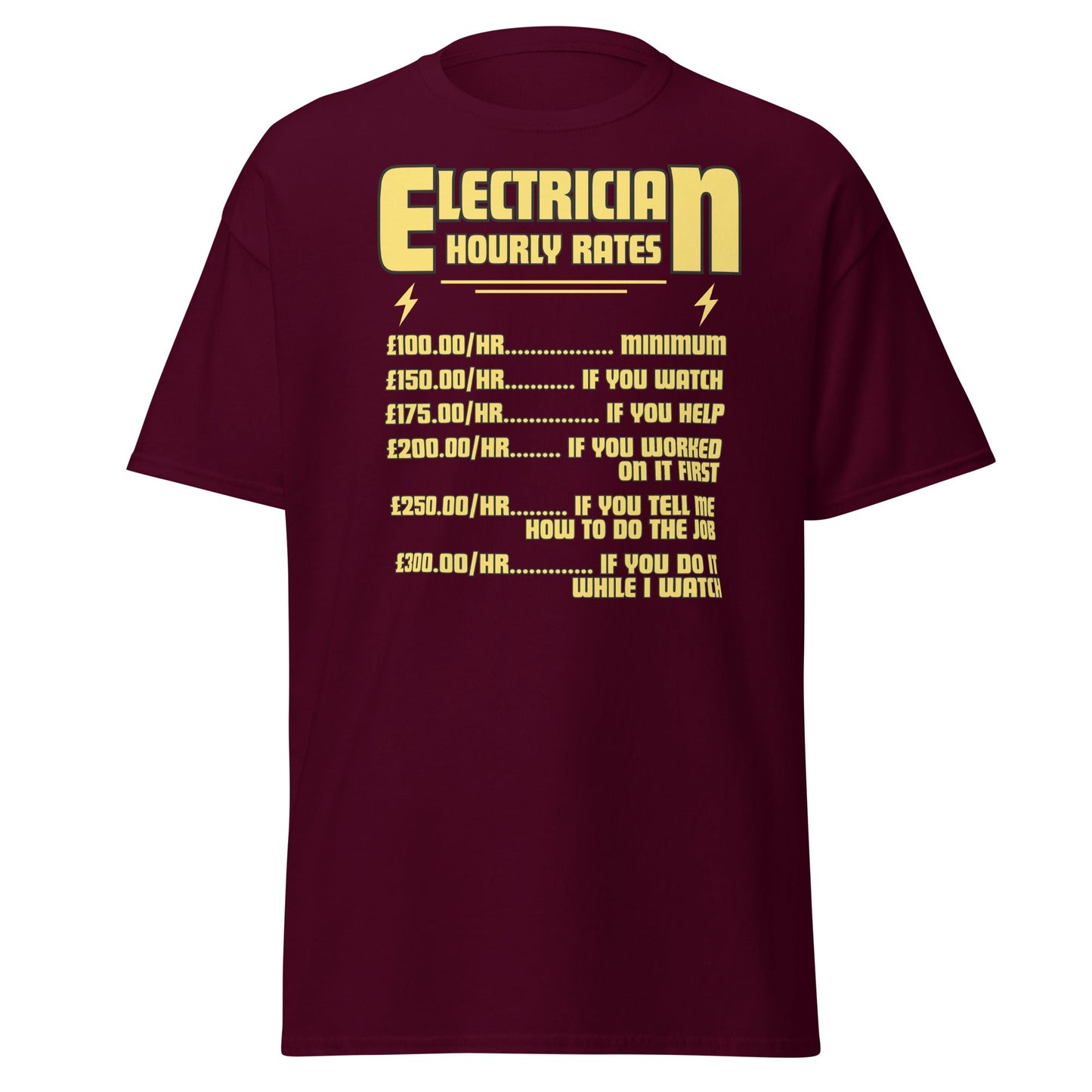 Funny Electrician Hourly Rate T-Shirt - Maroon - T-Shirts Online