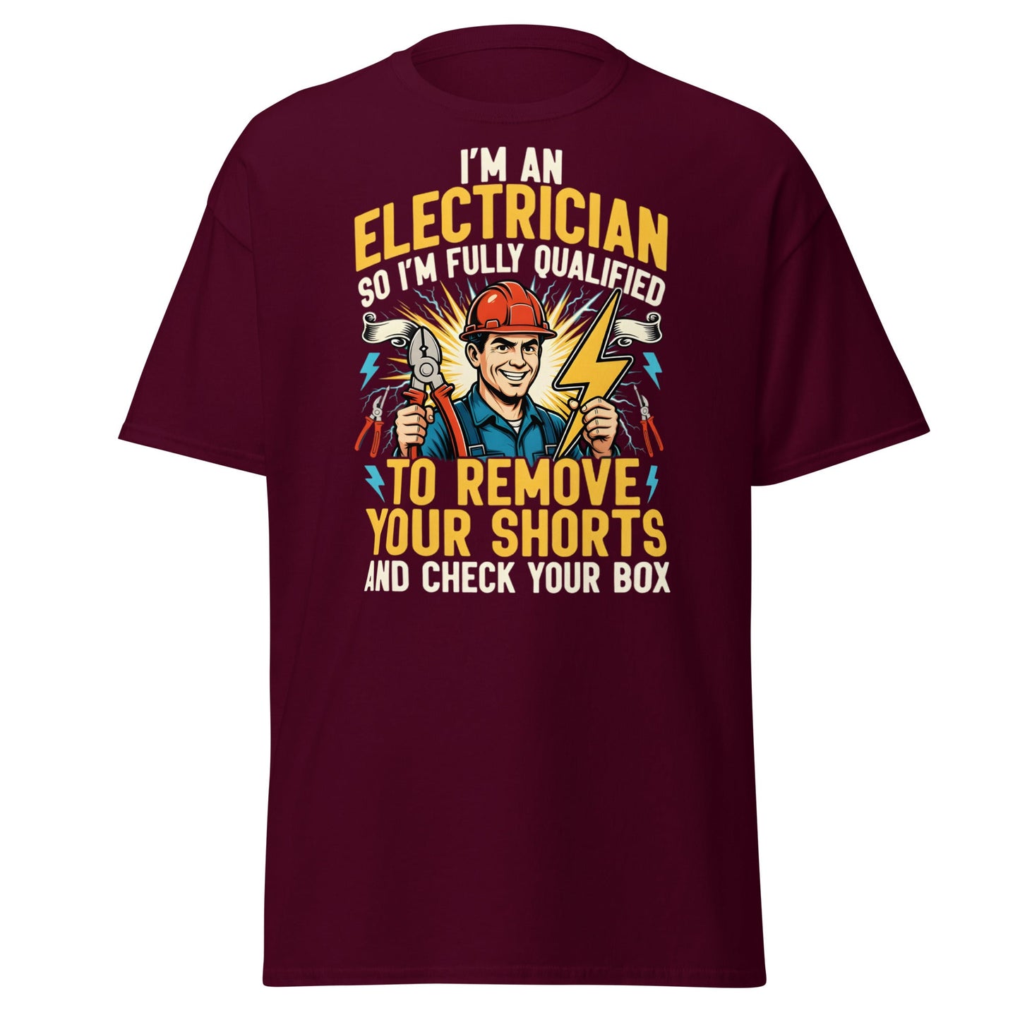 Funny Electrician Shirt - Check Your Box Adult Humor Tee - Maroon - T-Shirts Online