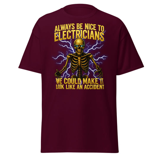 Funny Electrician Skeleton T-Shirt - Make It Look Like An Accident - Maroon - T-Shirts Online