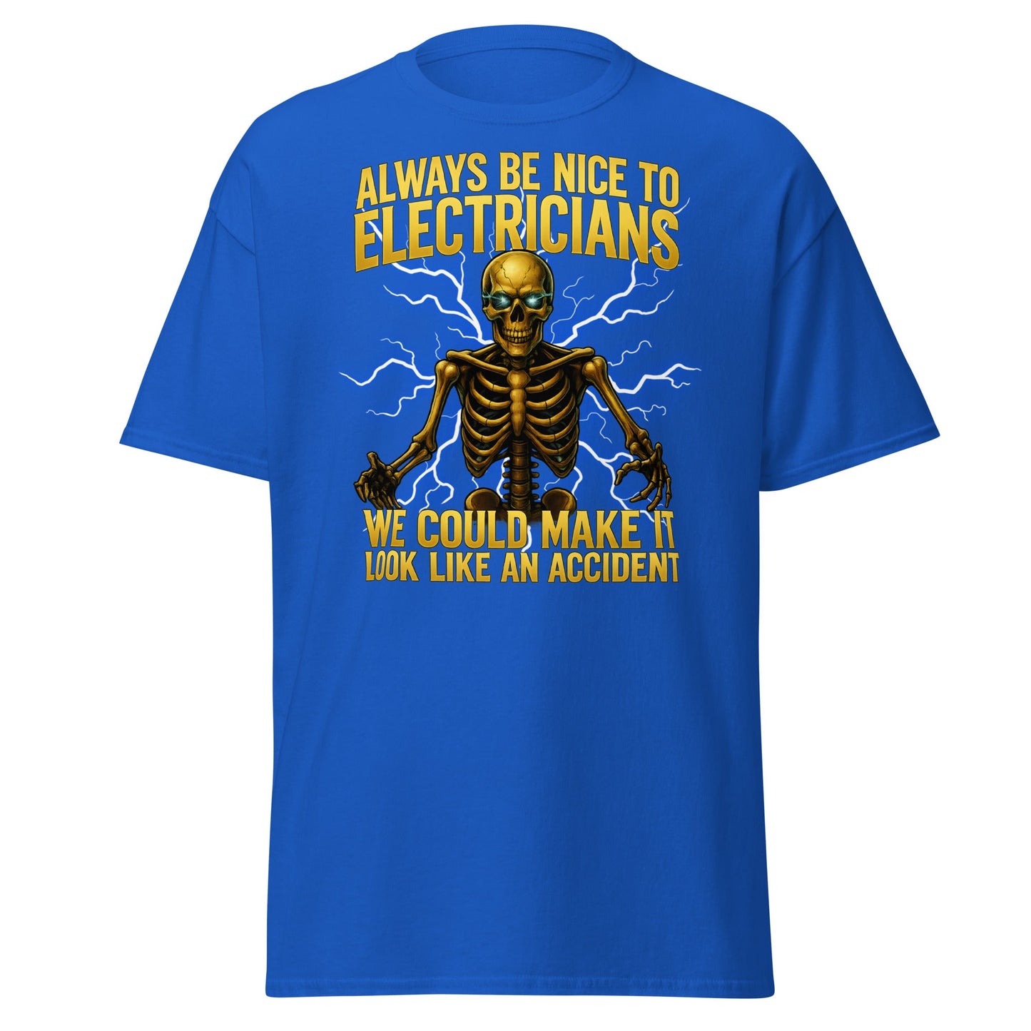 Funny Electrician Skeleton T-Shirt - Make It Look Like An Accident - Royal - T-Shirts Online