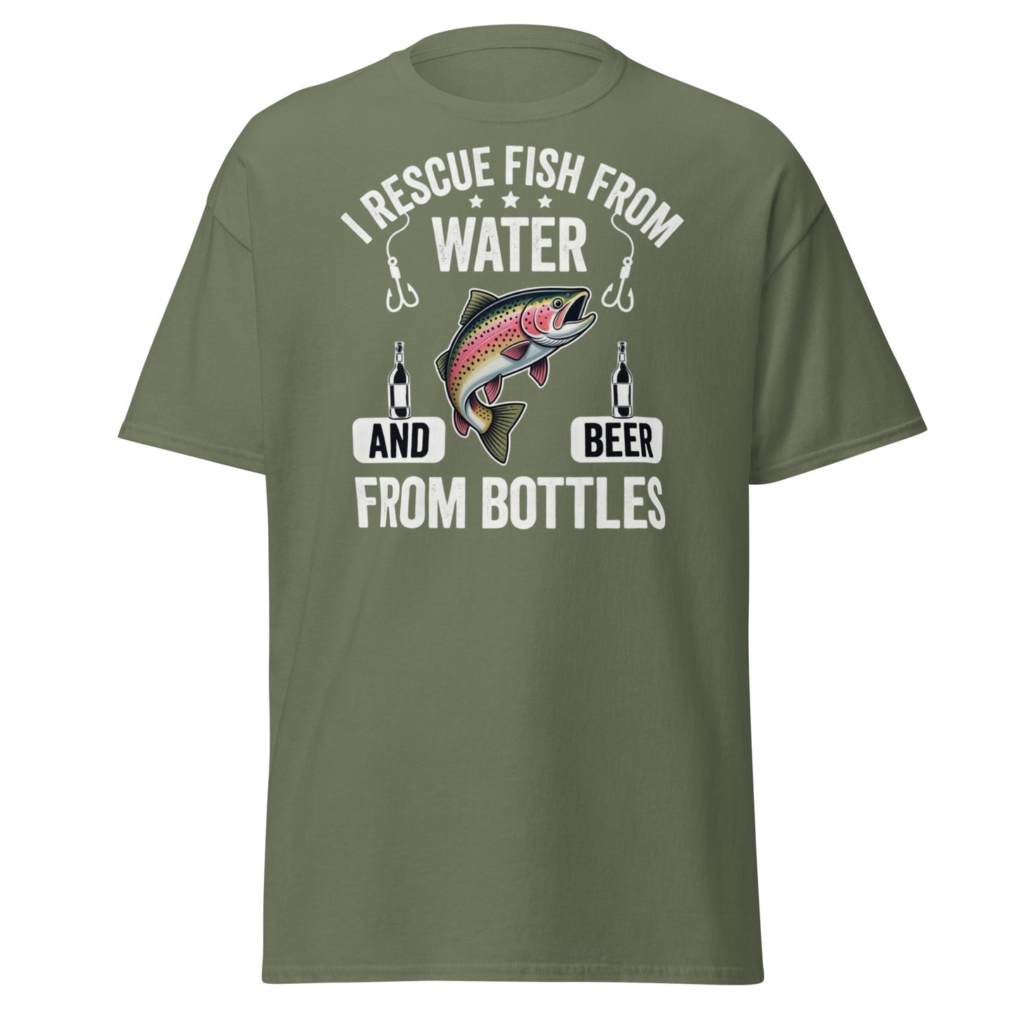 Funny Fishing & Beer T-Shirt - I Rescue Fish From Water - Military Green - T-Shirts Online