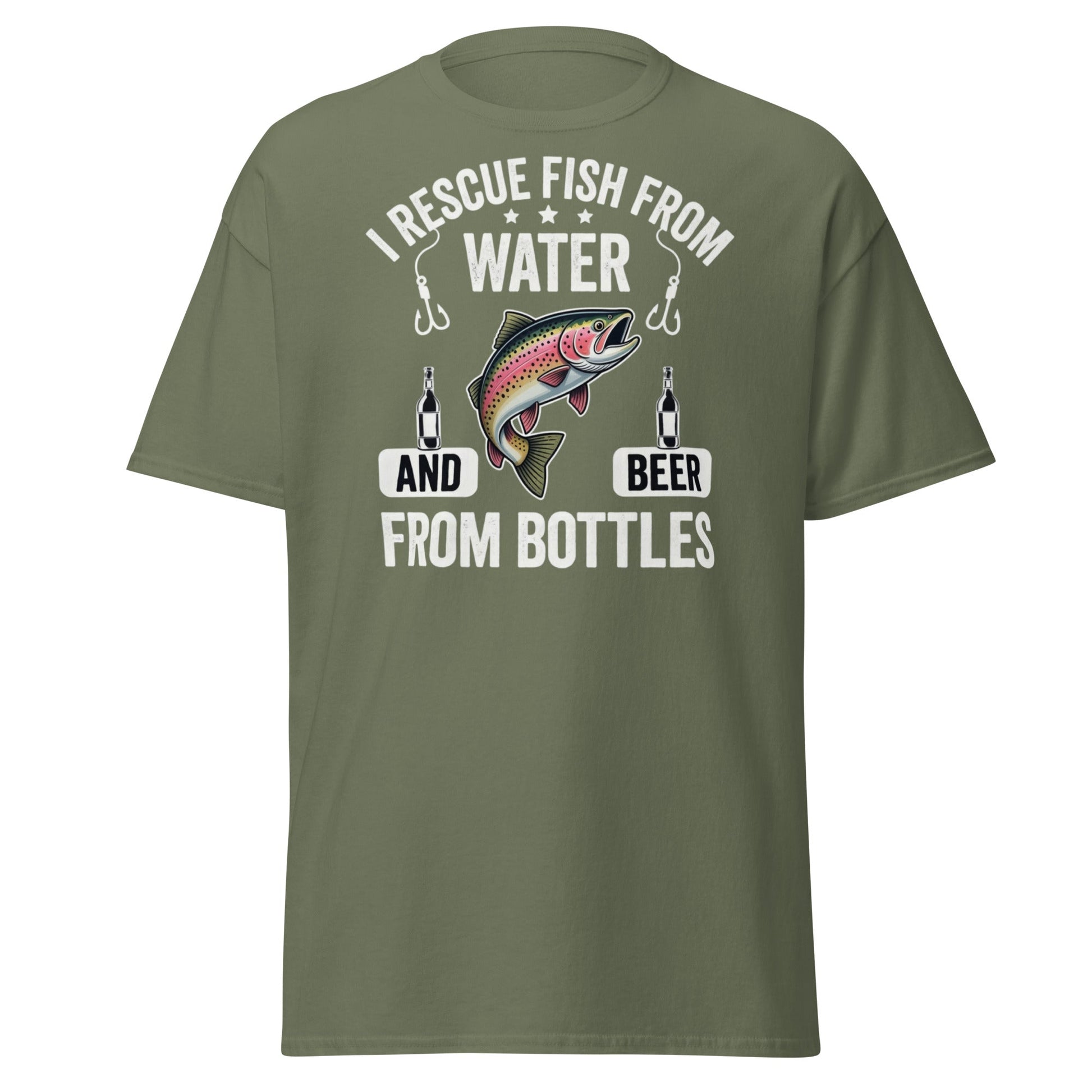 Funny Fishing & Beer T-Shirt - I Rescue Fish From Water - Military Green - T-Shirts Online