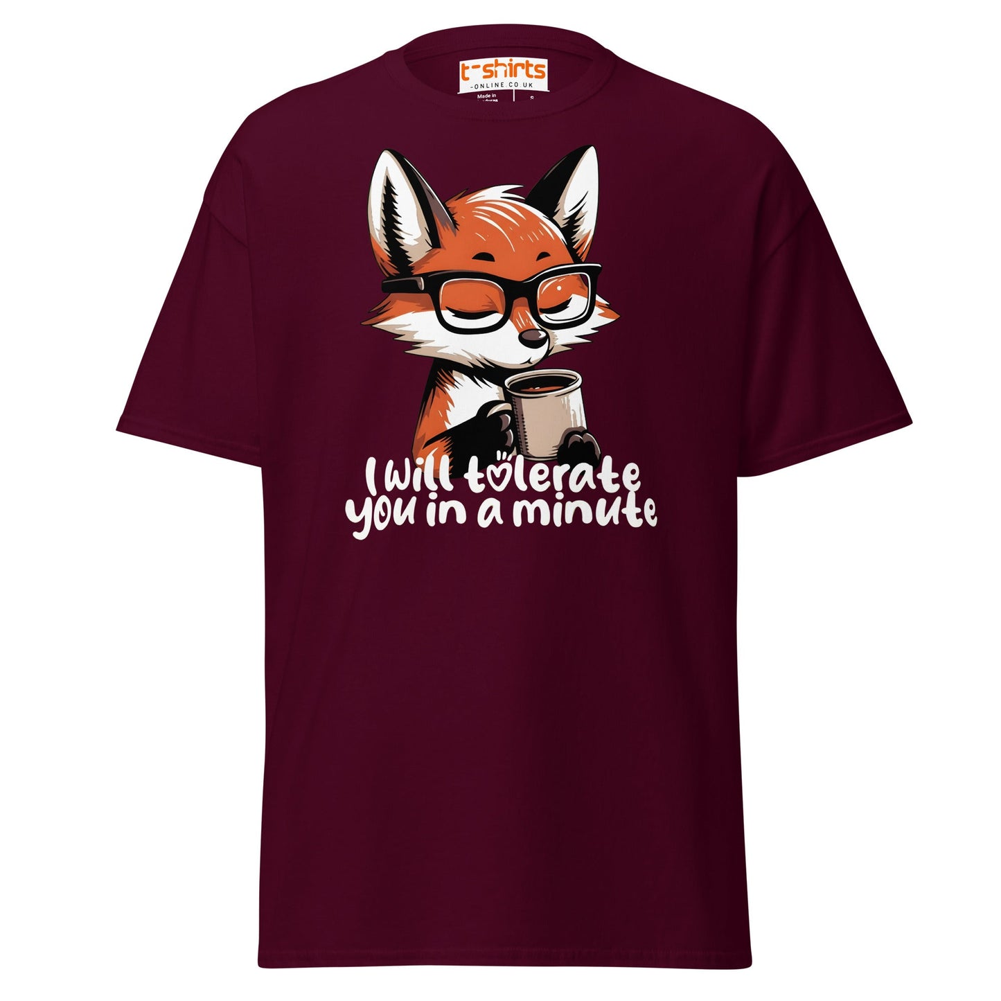 Funny Fox Coffee T-Shirt | Morning Mood Tee - Maroon - T-Shirts Online