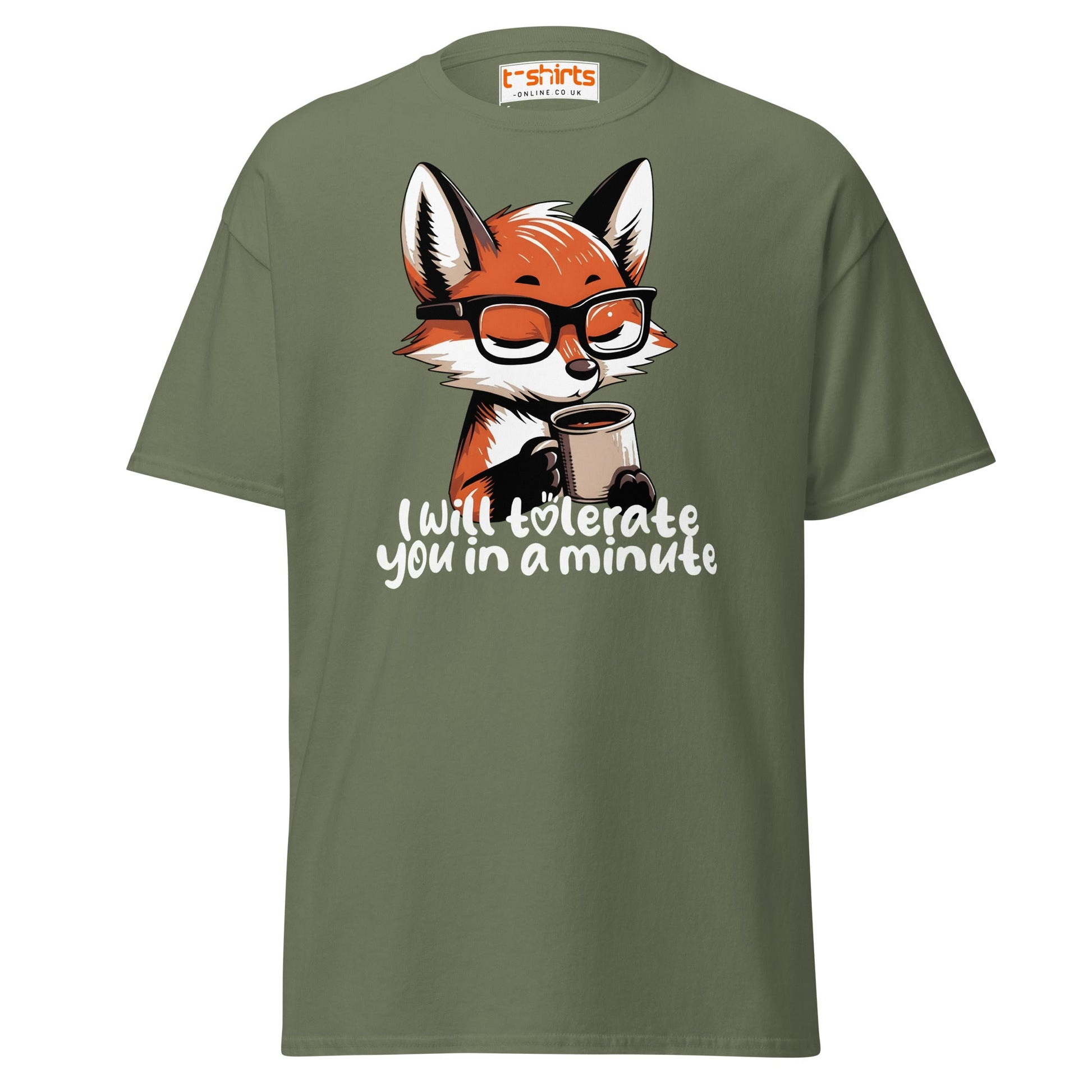 Funny Fox Coffee T-Shirt | Morning Mood Tee - Military Green - T-Shirts Online