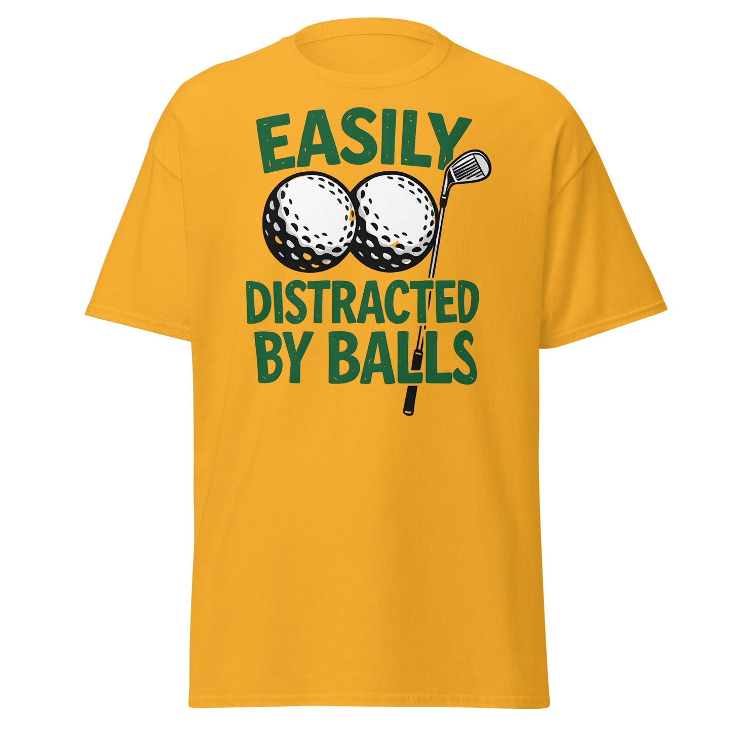 Funny Golf T-Shirt - Easily Distracted By Balls Adult Tee - Gold - T-Shirts Online