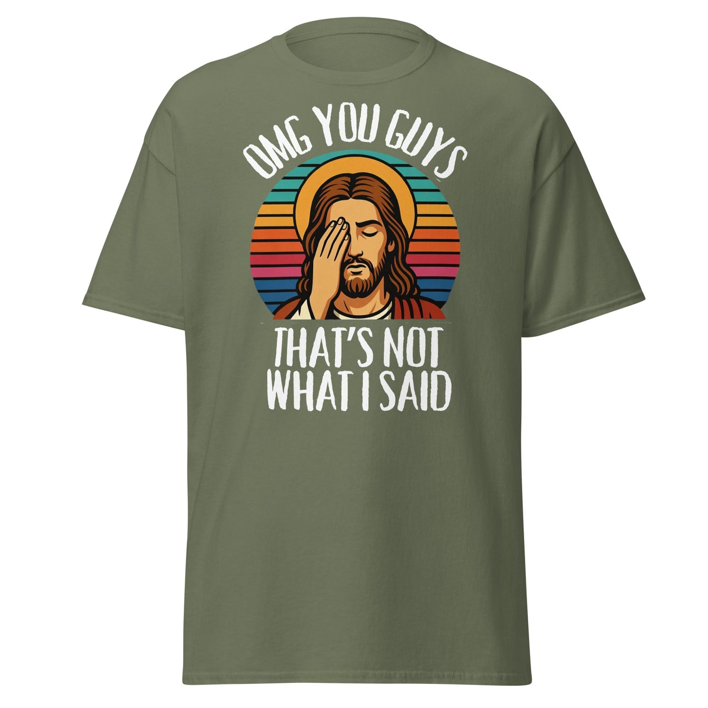 Funny Jesus Facepalm T-Shirt - Retro Sarcastic Graphic Tee - Military Green - T-Shirts Online