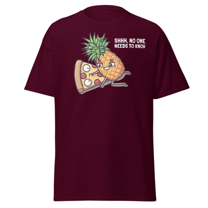 Funny Pineapple on Pizza T-Shirt | Shhh No One Needs To Know - Maroon - T-Shirts Online