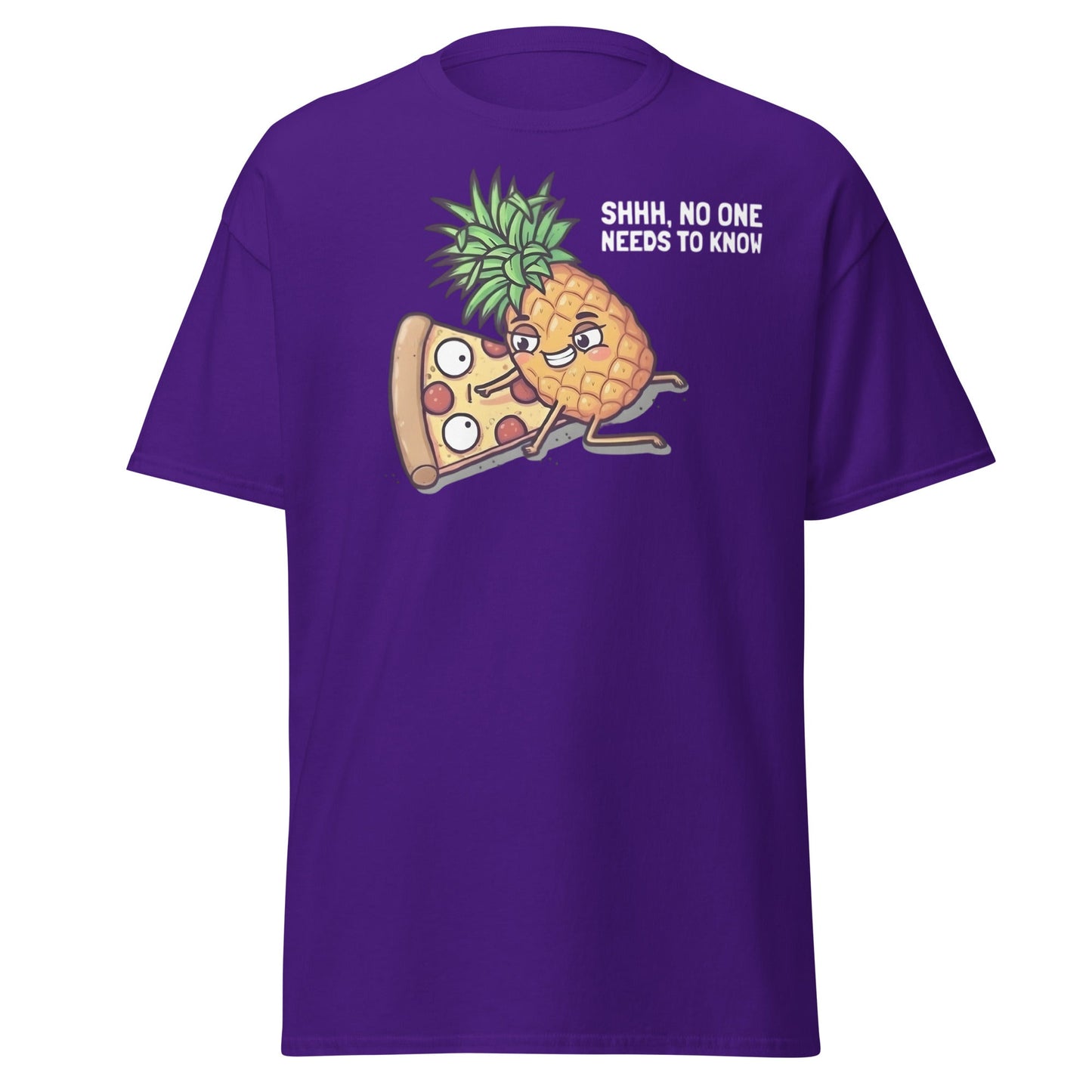 Funny Pineapple on Pizza T-Shirt | Shhh No One Needs To Know - Purple - T-Shirts Online