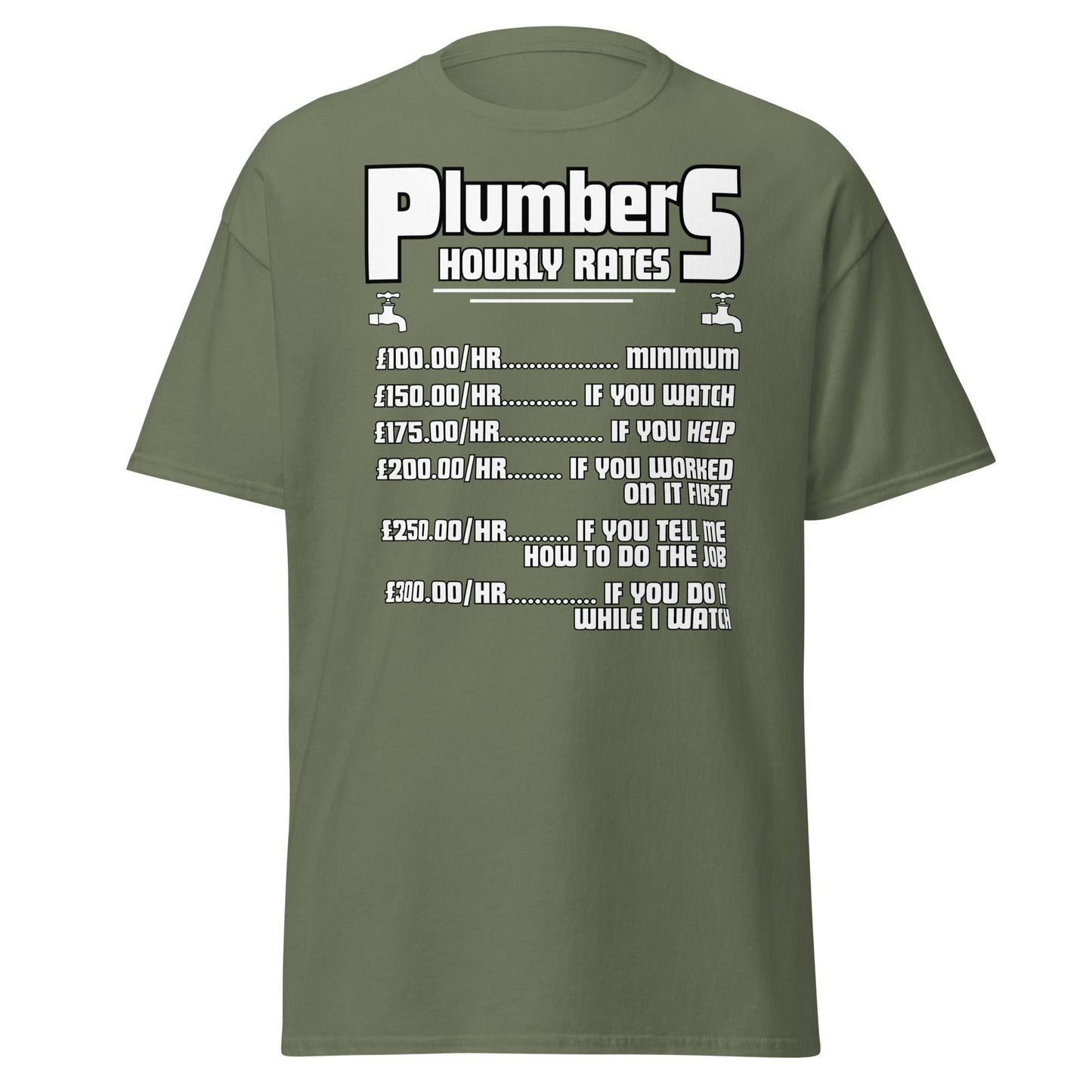 Funny Plumber Hourly Rates T-Shirt | Trade Humor Tee - Military Green - T-Shirts Online