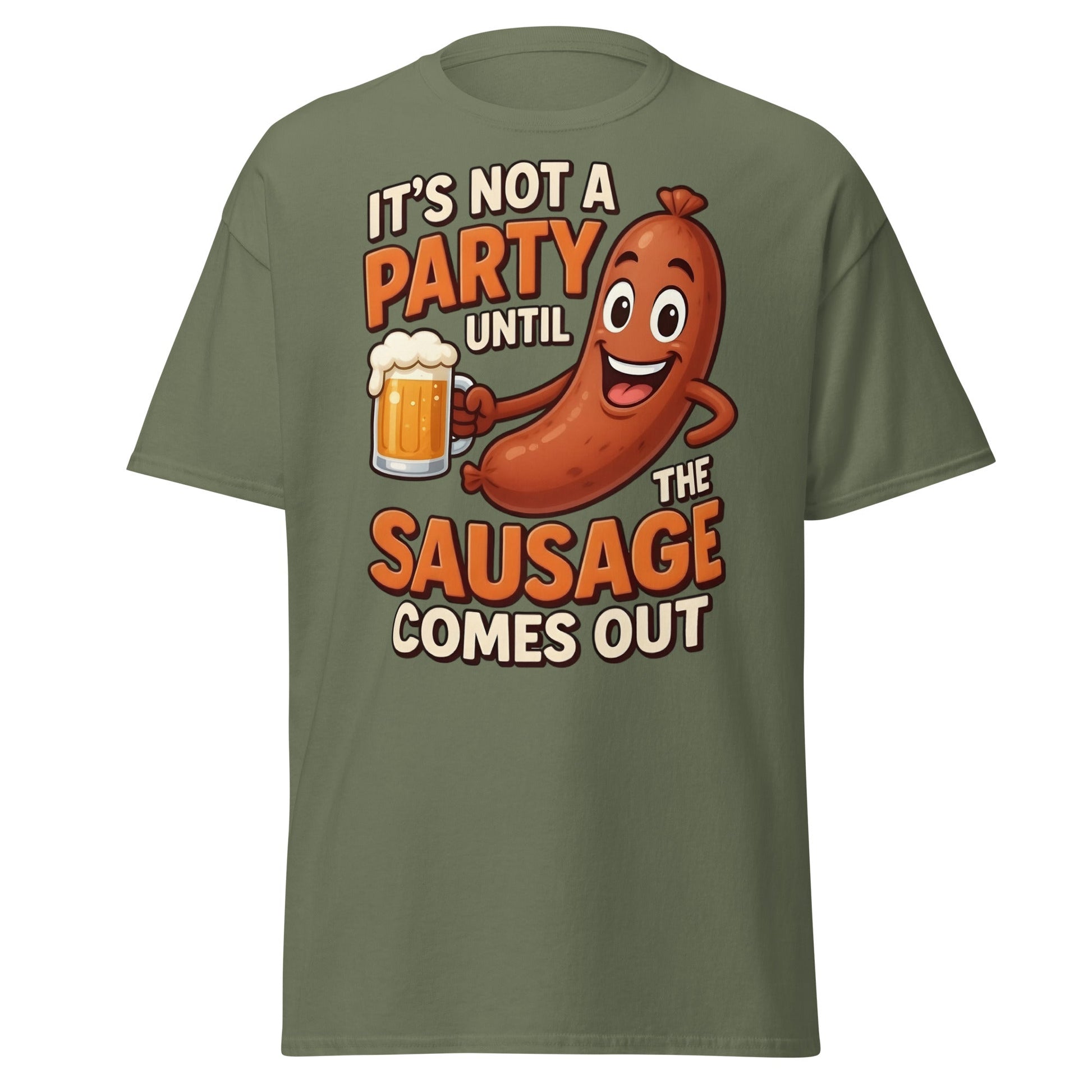 Funny Sausage Party T-Shirt - Adult Humor BBQ Tee - Military Green - T-Shirts Online