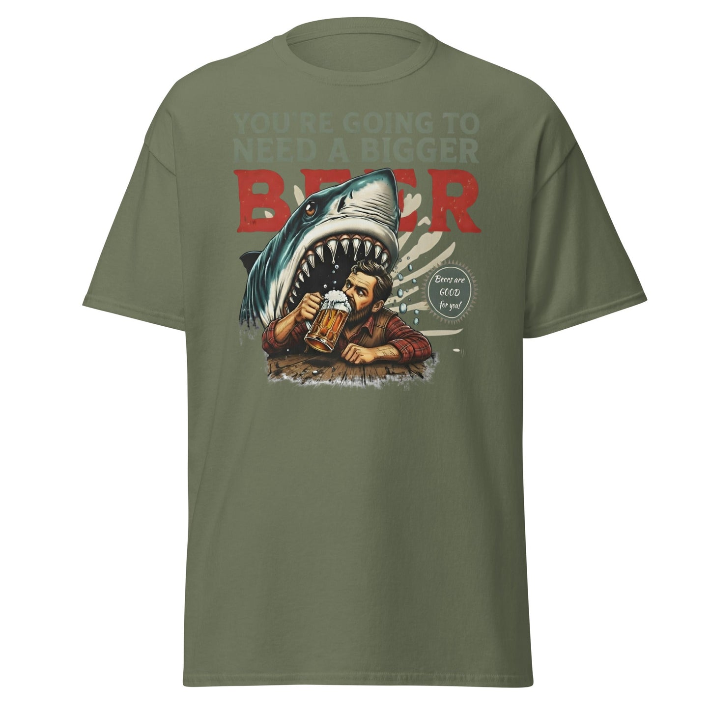 Funny Shark Beer Parody T-Shirt - Jaws Pun Graphic Tee - Military Green - T-Shirts Online