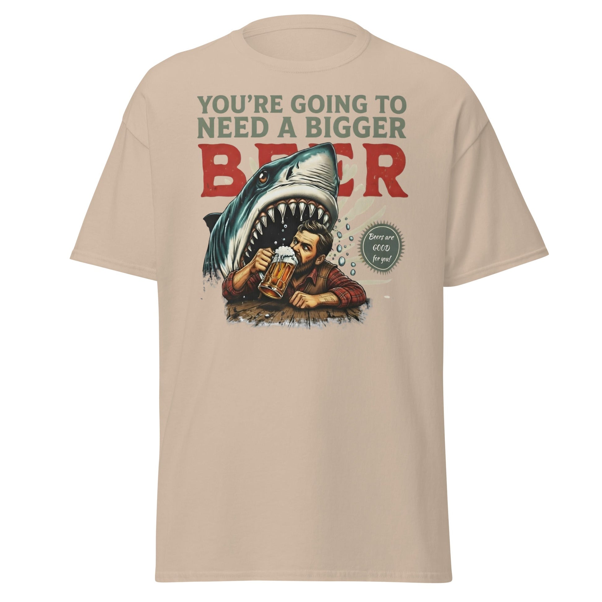 Funny Shark Beer Parody T-Shirt - Jaws Pun Graphic Tee - Sand - T-Shirts Online