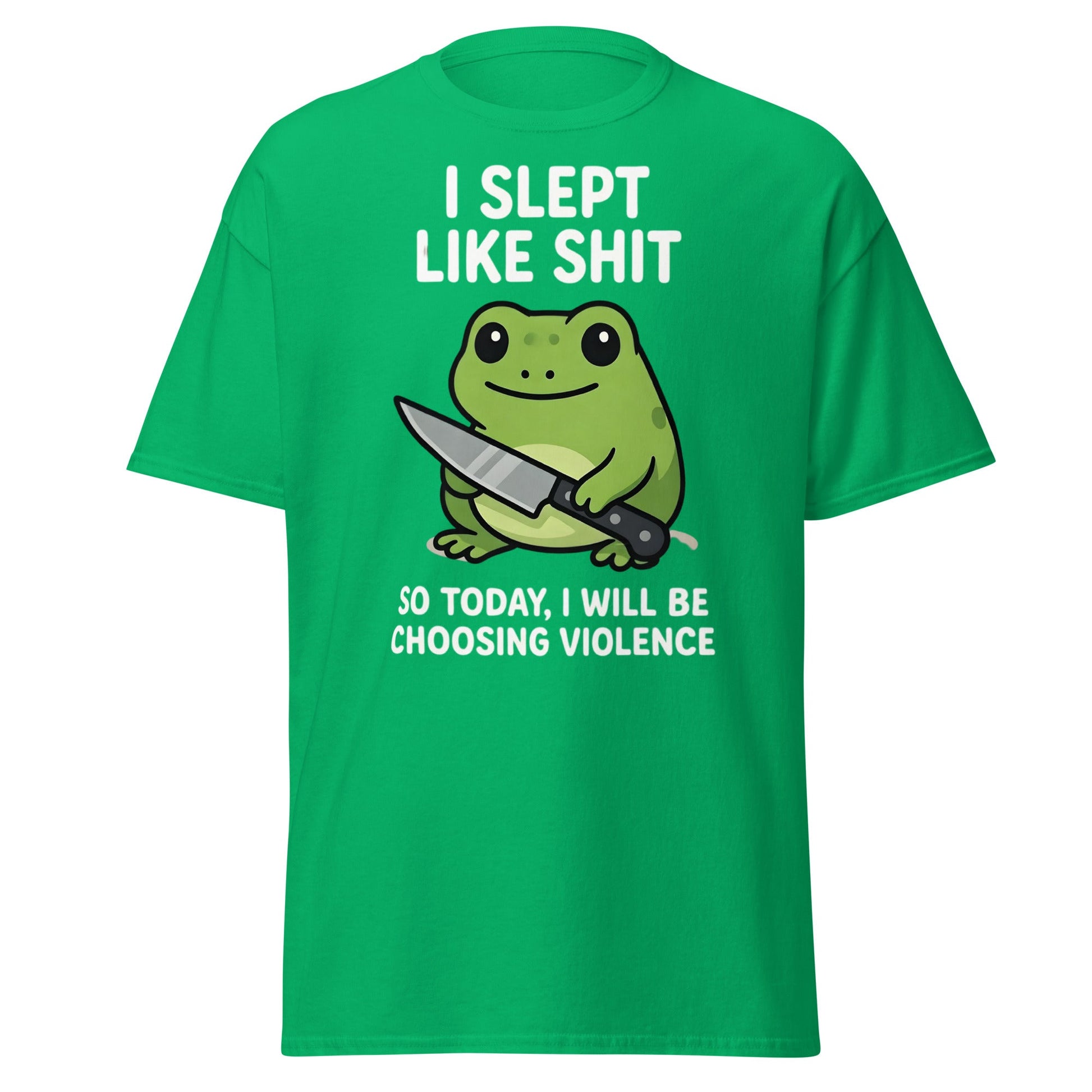 Funny Tired Frog Choosing Violence T-Shirt - Grumpy Frog Tee - Irish Green - T-Shirts Online