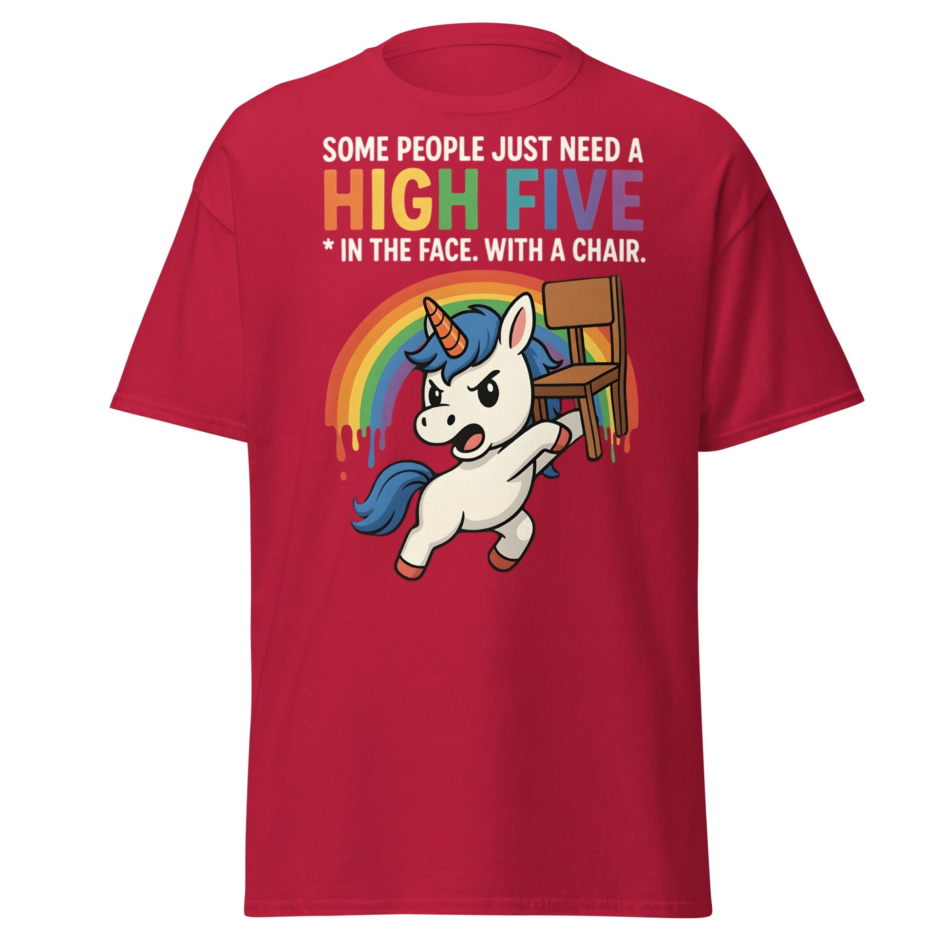 Funny Unicorn High Five Chair T-Shirt | Sarcastic Humorous Tee - Cardinal - T-Shirts Online
