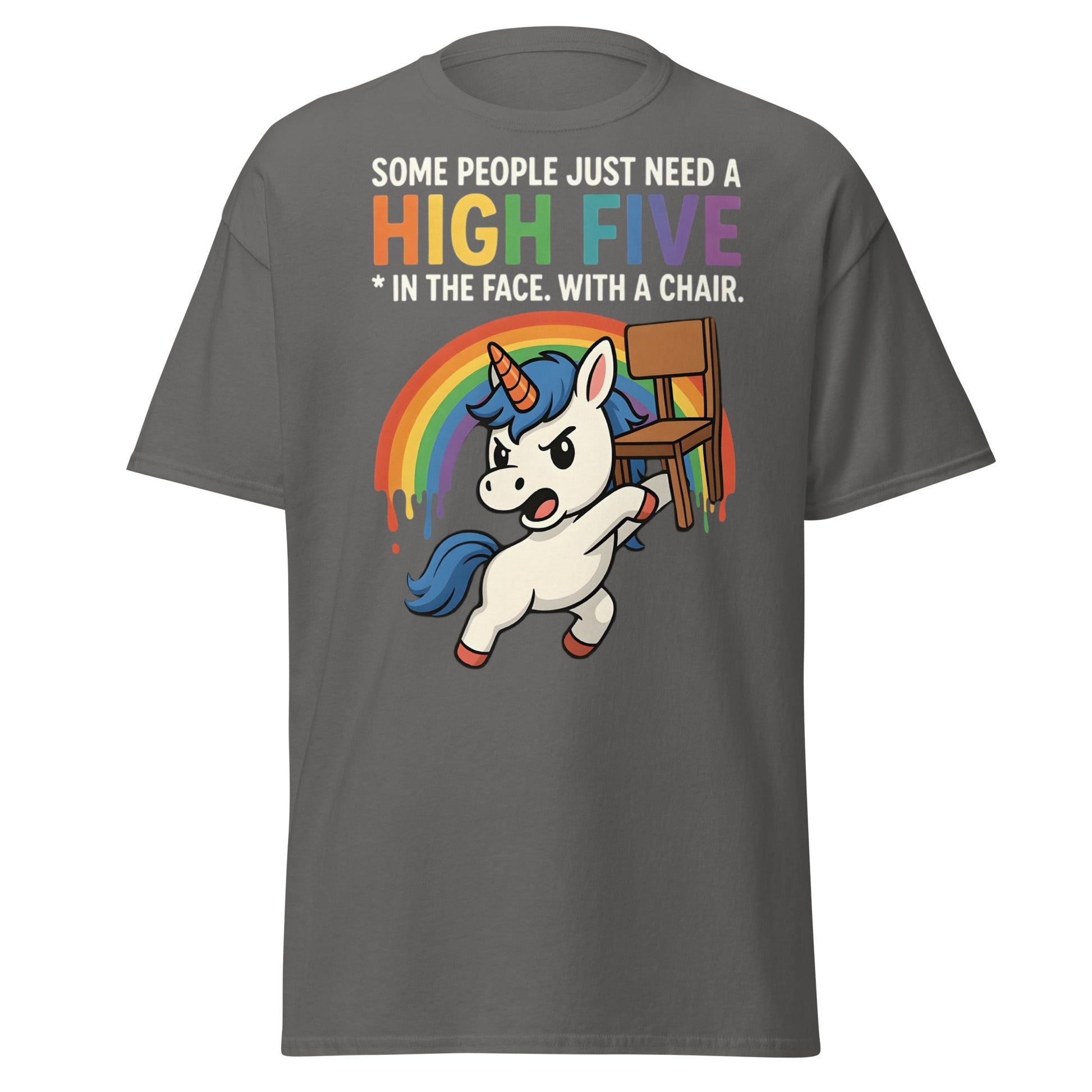 Funny Unicorn High Five Chair T-Shirt | Sarcastic Humorous Tee - Charcoal - T-Shirts Online