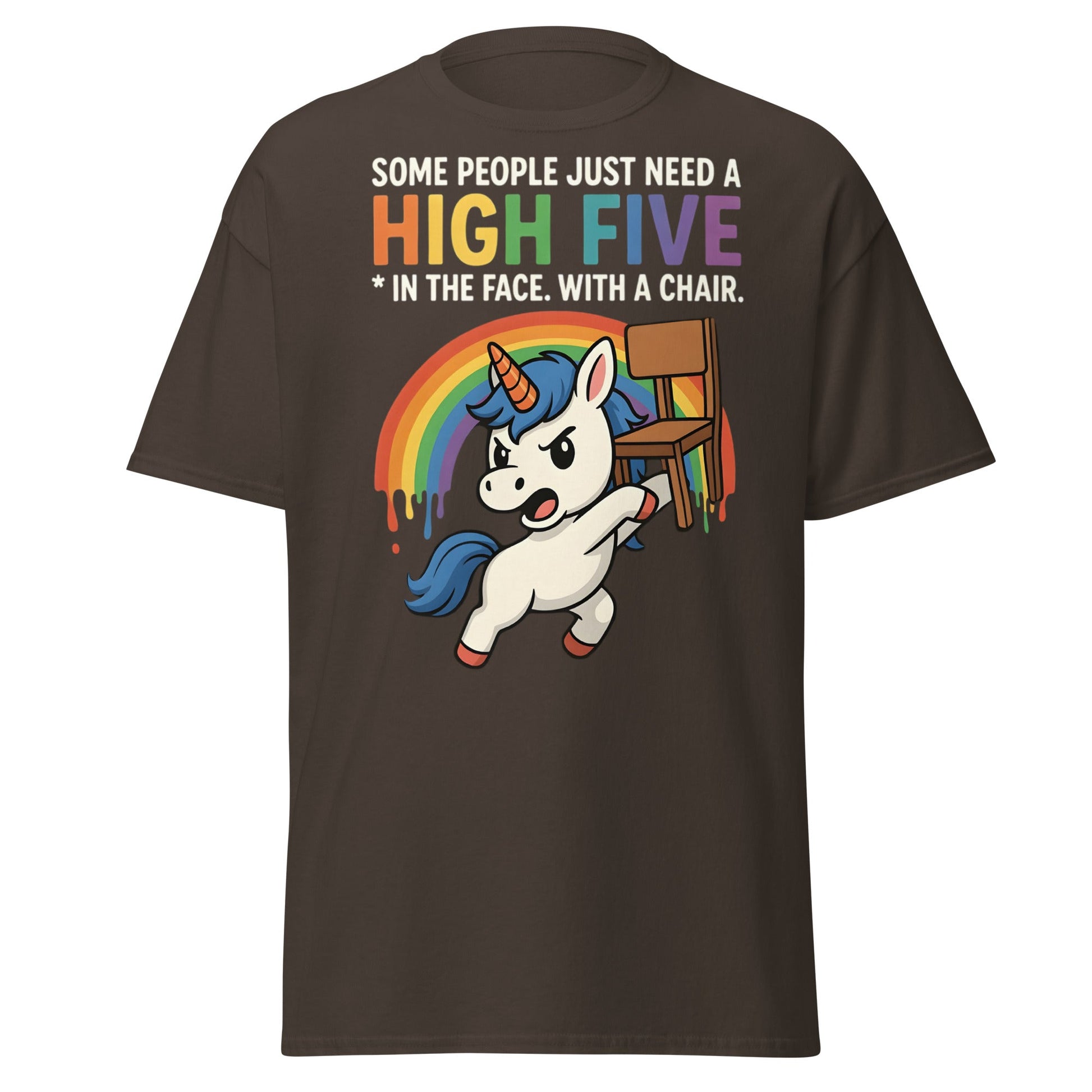 Funny Unicorn High Five Chair T-Shirt | Sarcastic Humorous Tee - Dark Chocolate - T-Shirts Online