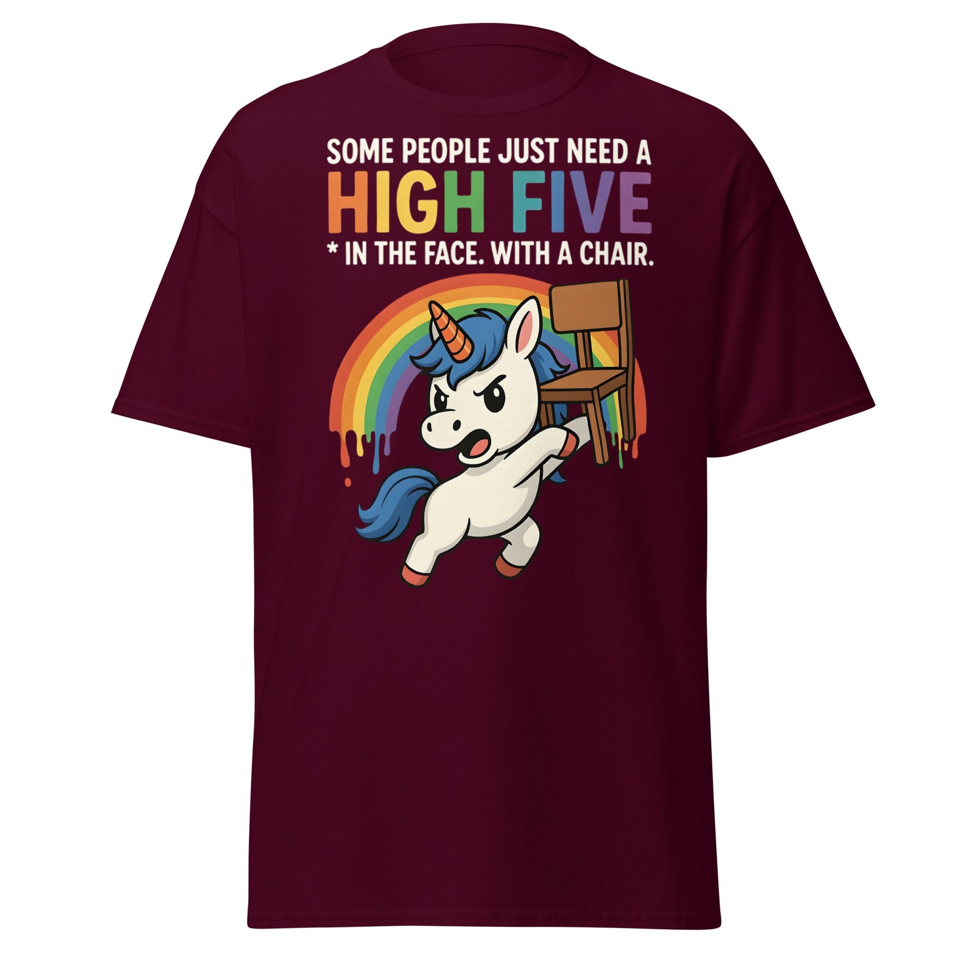 Funny Unicorn High Five Chair T-Shirt | Sarcastic Humorous Tee - Maroon - T-Shirts Online