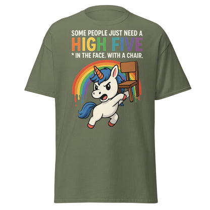 Funny Unicorn High Five Chair T-Shirt | Sarcastic Humorous Tee - Military Green - T-Shirts Online