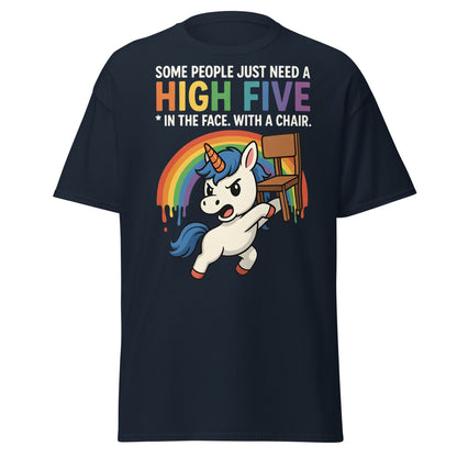Funny Unicorn High Five Chair T-Shirt | Sarcastic Humorous Tee - Navy - T-Shirts Online