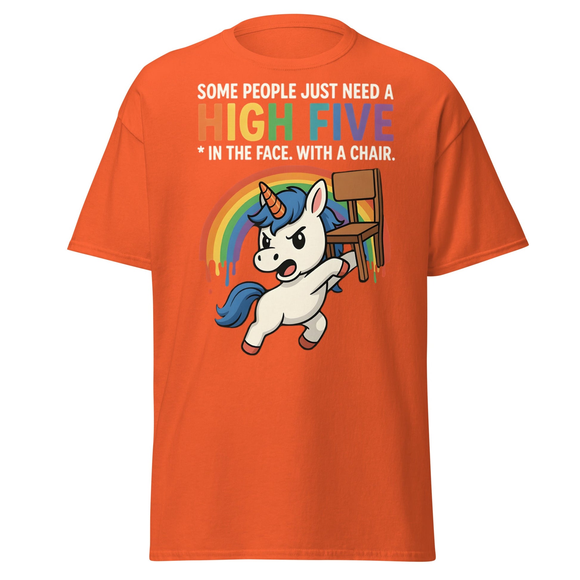 Funny Unicorn High Five Chair T-Shirt | Sarcastic Humorous Tee - Orange - T-Shirts Online