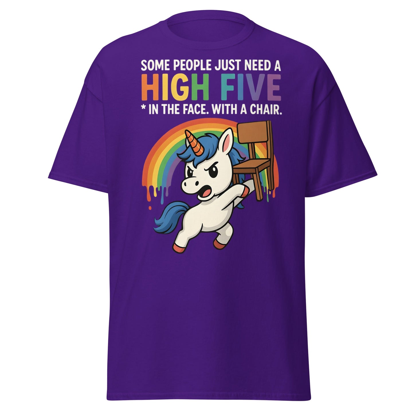 Funny Unicorn High Five Chair T-Shirt | Sarcastic Humorous Tee - Purple - T-Shirts Online