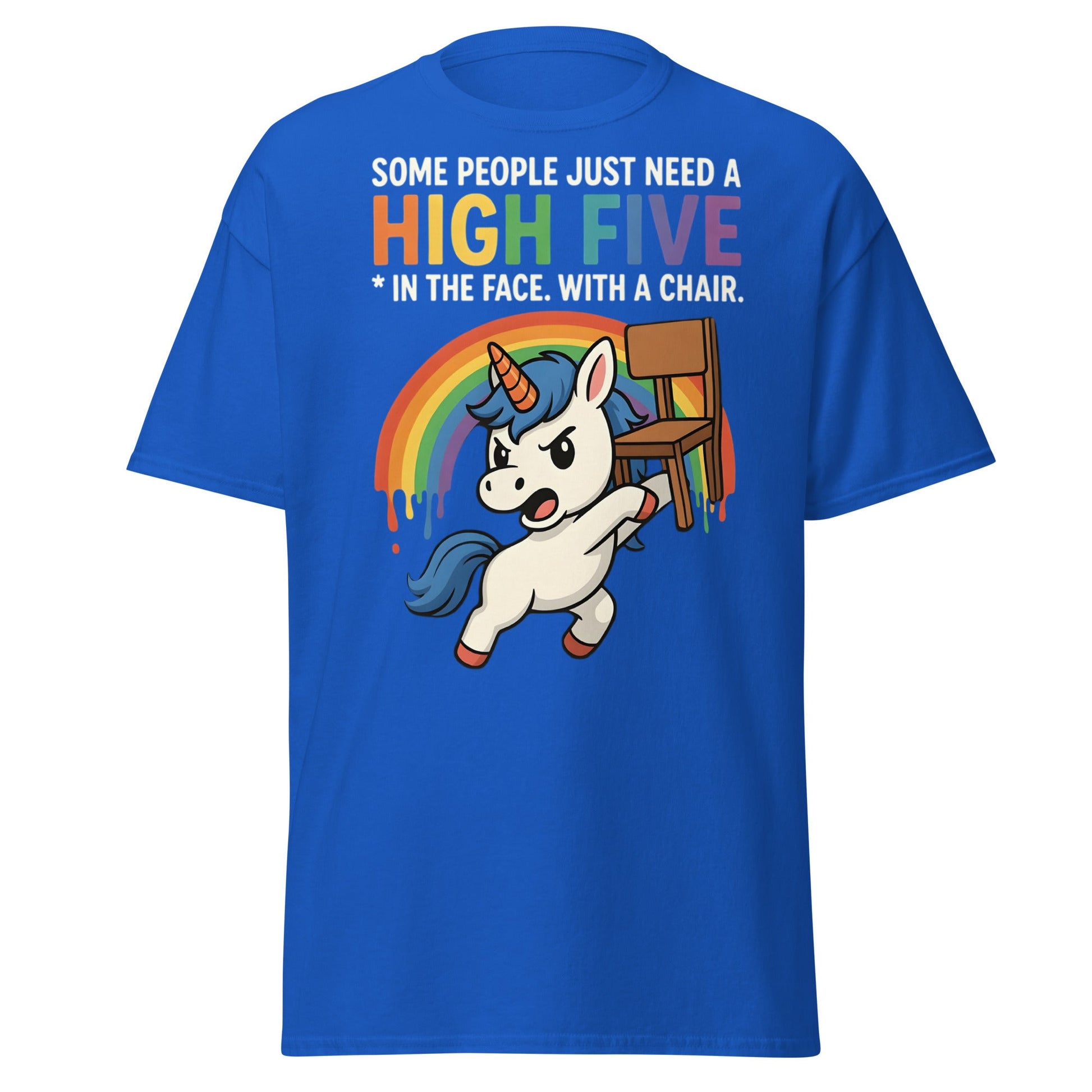Funny Unicorn High Five Chair T-Shirt | Sarcastic Humorous Tee - Royal - T-Shirts Online