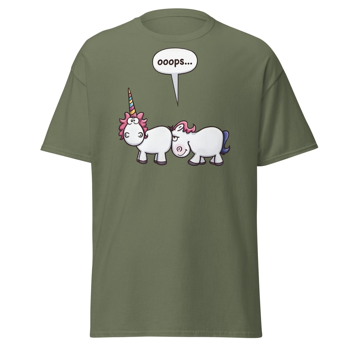 Funny Unicorn Oops T-Shirt - Cheeky Adult Humor Tee - Military Green - T-Shirts Online