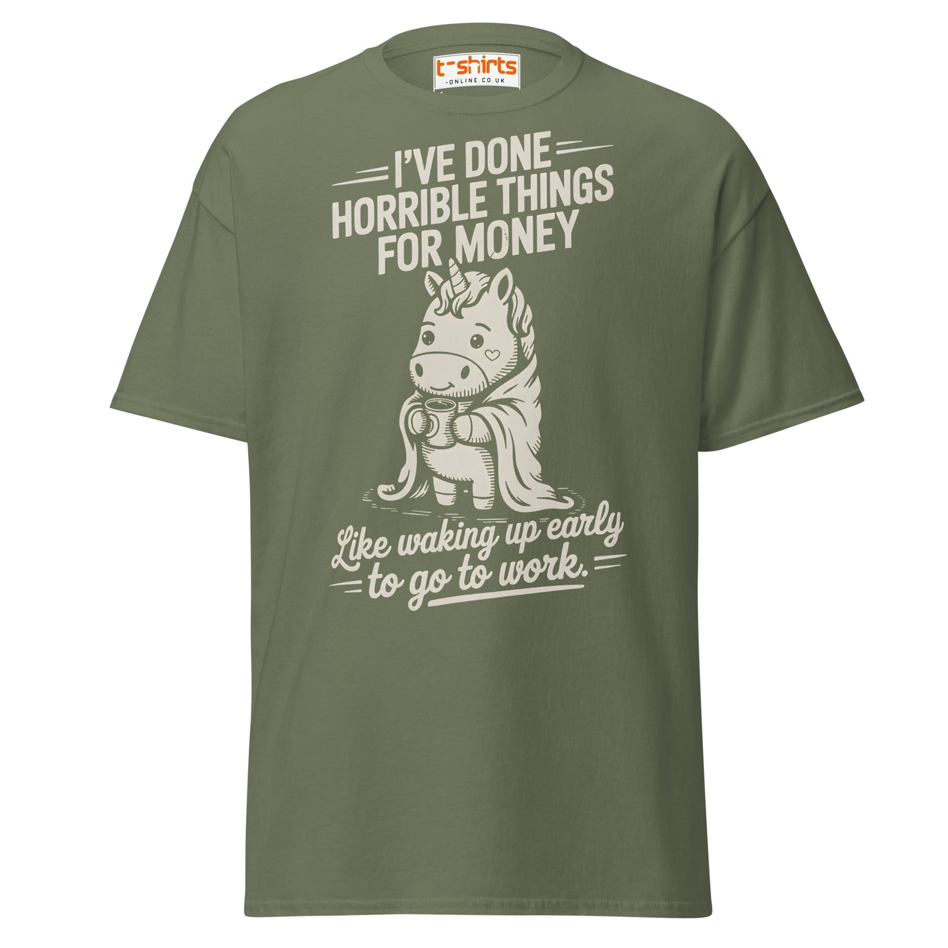 Funny Unicorn Work T-Shirt | Morning Struggle Tee - Military Green - T-Shirts Online