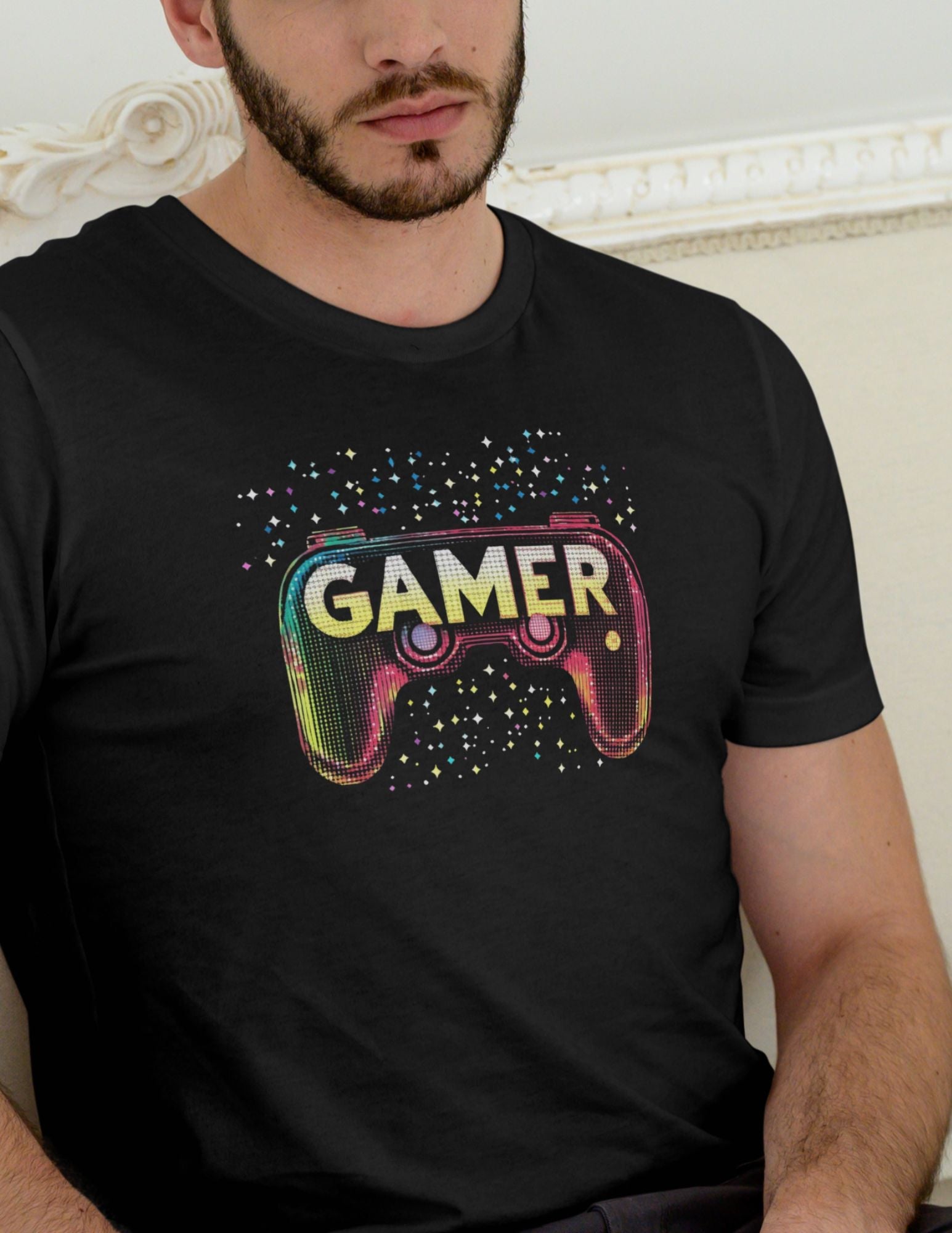 Black t-shirt with neon game controller and sparkly "Gamer" text design