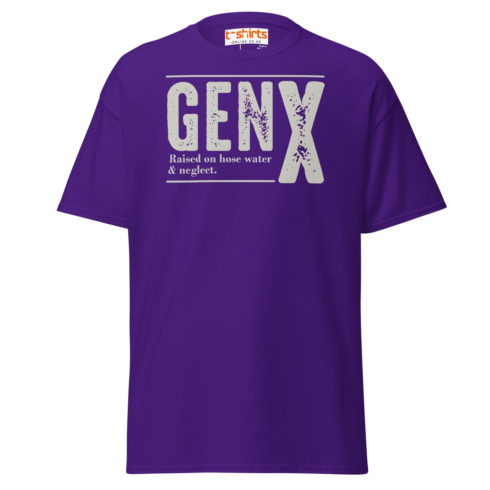Gen X T-Shirt | Raised on Hose Water & Neglect Tee - Purple - T-Shirts Online