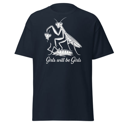 Girls Will Be Girls Praying Mantis T-Shirt - Funny Dark Humor - Navy - T-Shirts Online