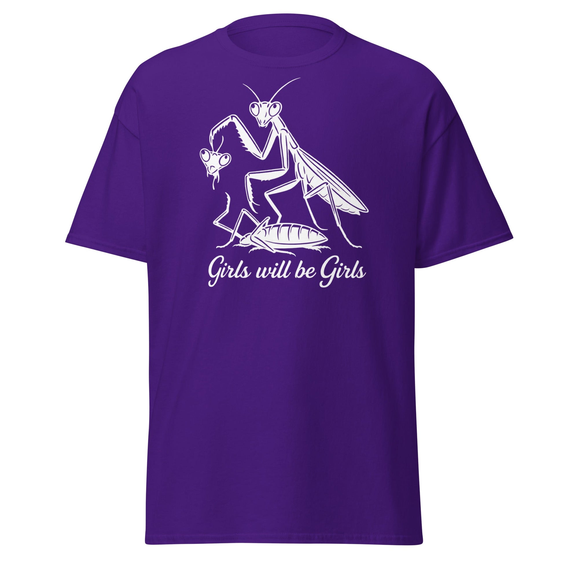 Girls Will Be Girls Praying Mantis T-Shirt - Funny Dark Humor - Purple - T-Shirts Online