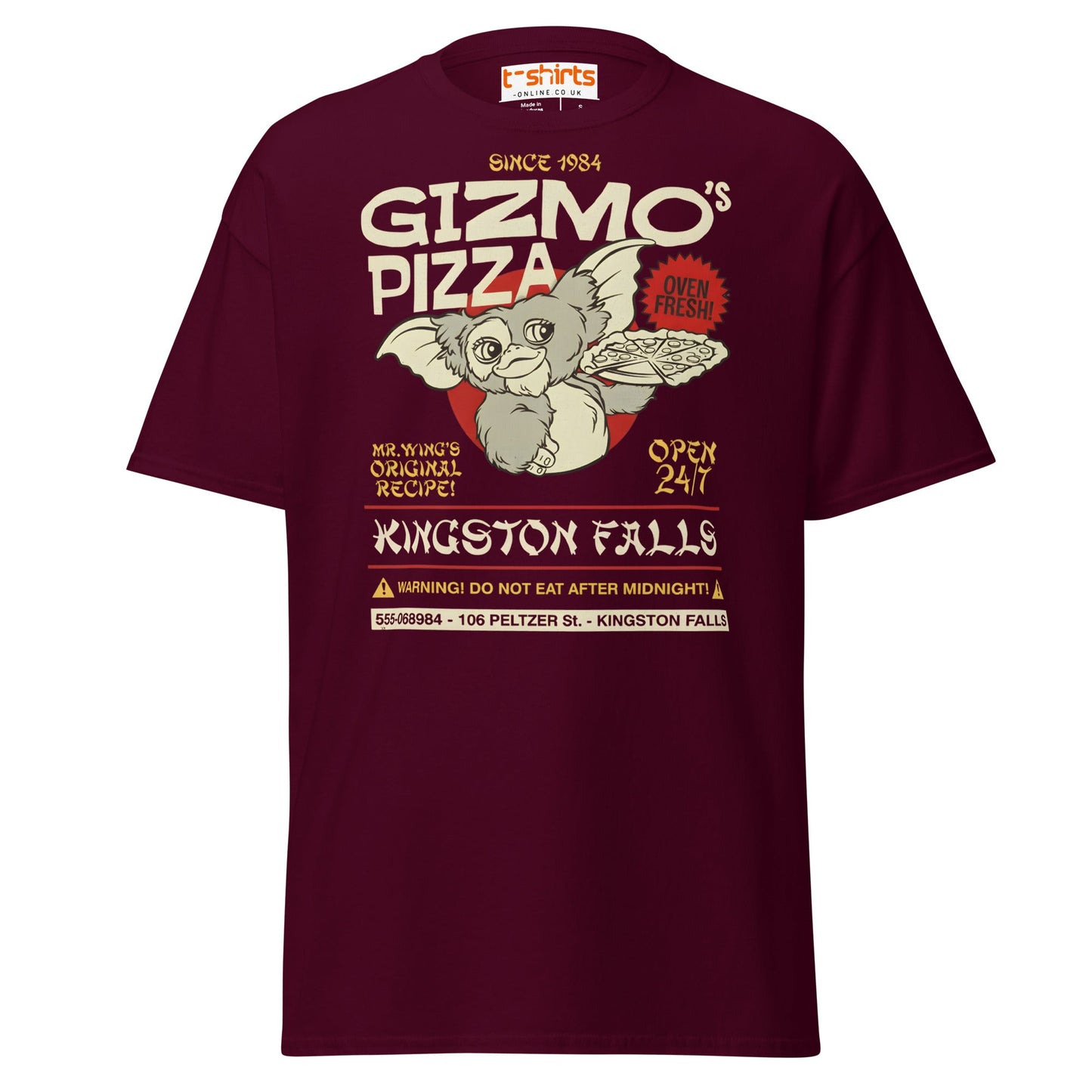 Gizmo’s Pizza T-Shirt | Funny Retro Parody Tee - Maroon - T-Shirts Online