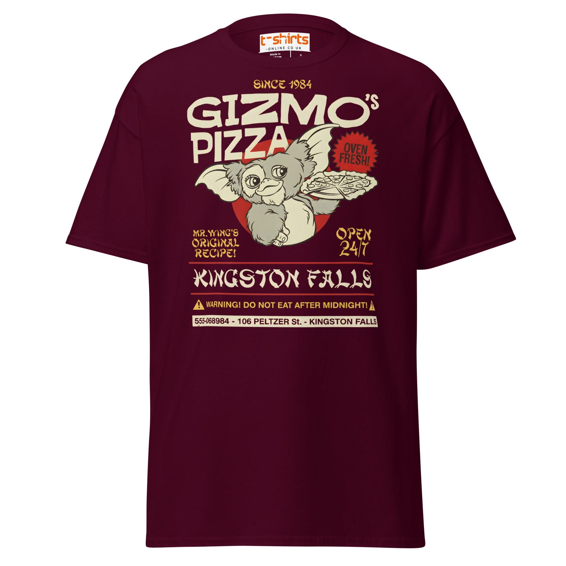 Gizmo’s Pizza T-Shirt | Funny Retro Parody Tee - Maroon - T-Shirts Online
