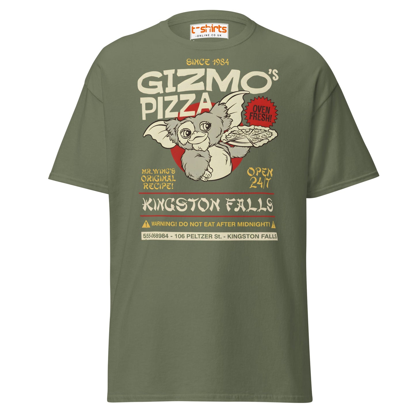 Gizmo’s Pizza T-Shirt | Funny Retro Parody Tee - Military Green - T-Shirts Online