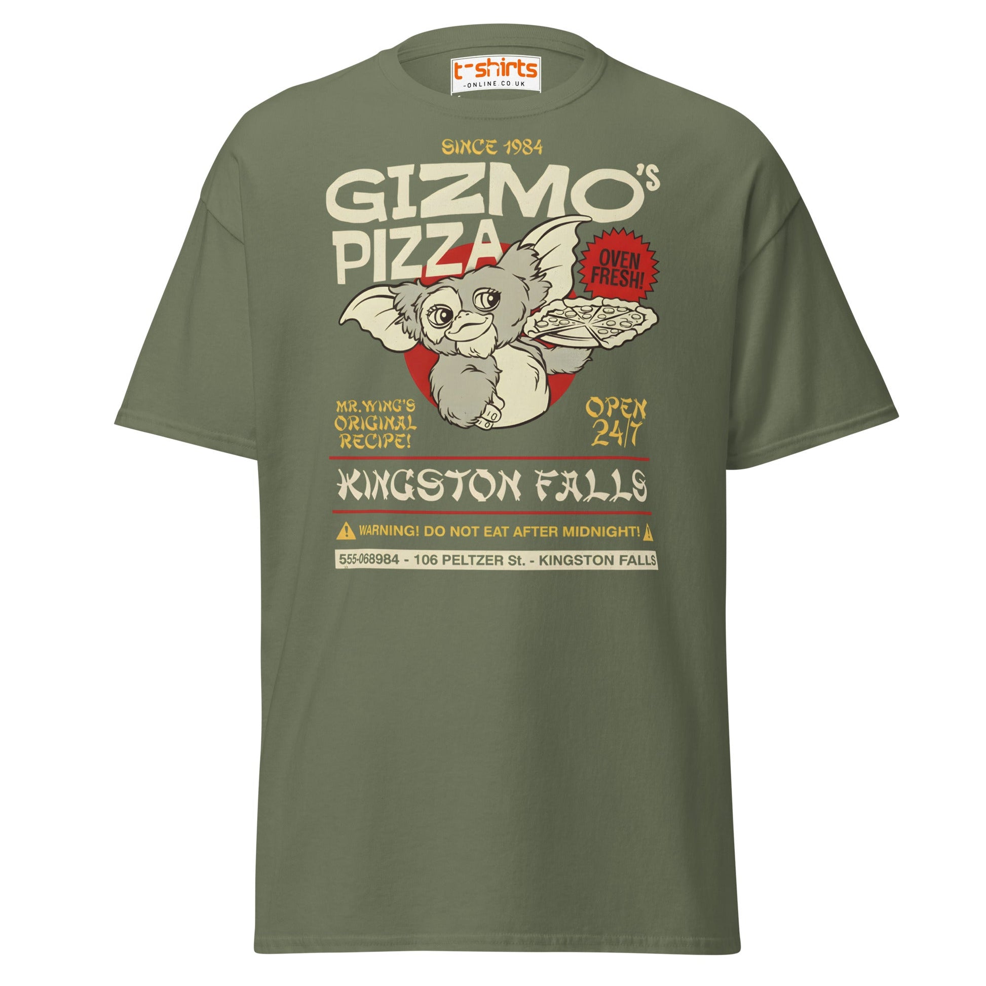 Gizmo’s Pizza T-Shirt | Funny Retro Parody Tee - Military Green - T-Shirts Online