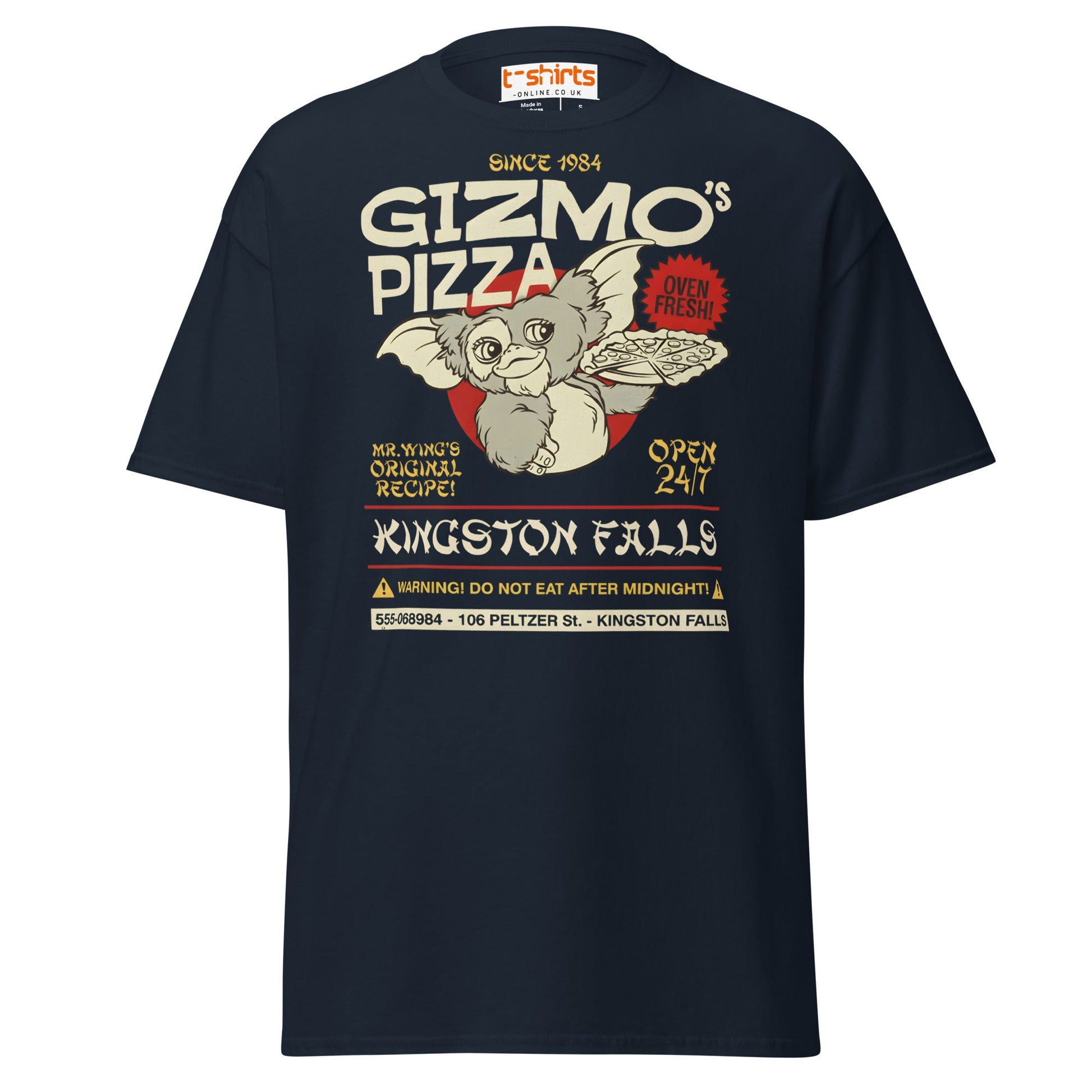 Gizmo’s Pizza T-Shirt | Funny Retro Parody Tee - Navy - T-Shirts Online