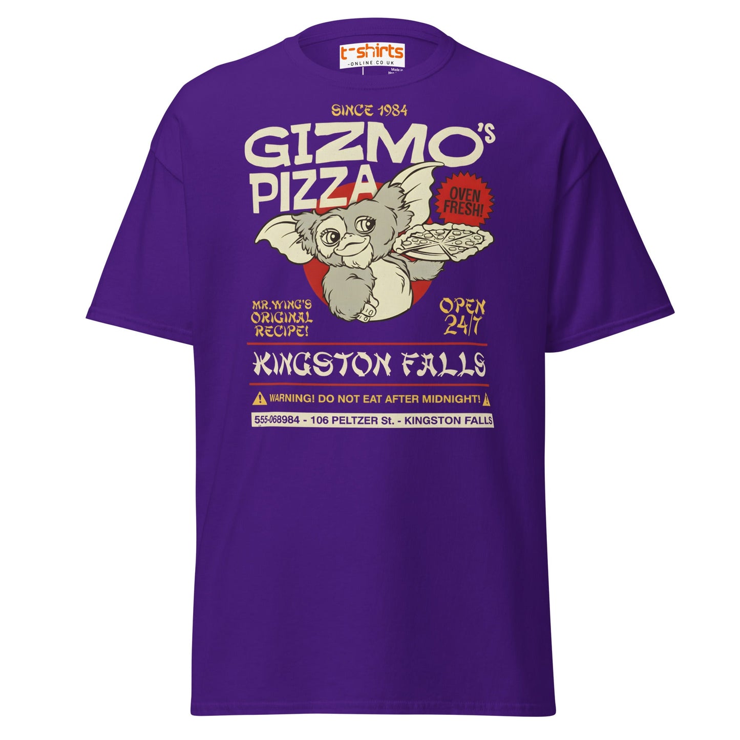 Gizmo’s Pizza T-Shirt | Funny Retro Parody Tee - Purple - T-Shirts Online