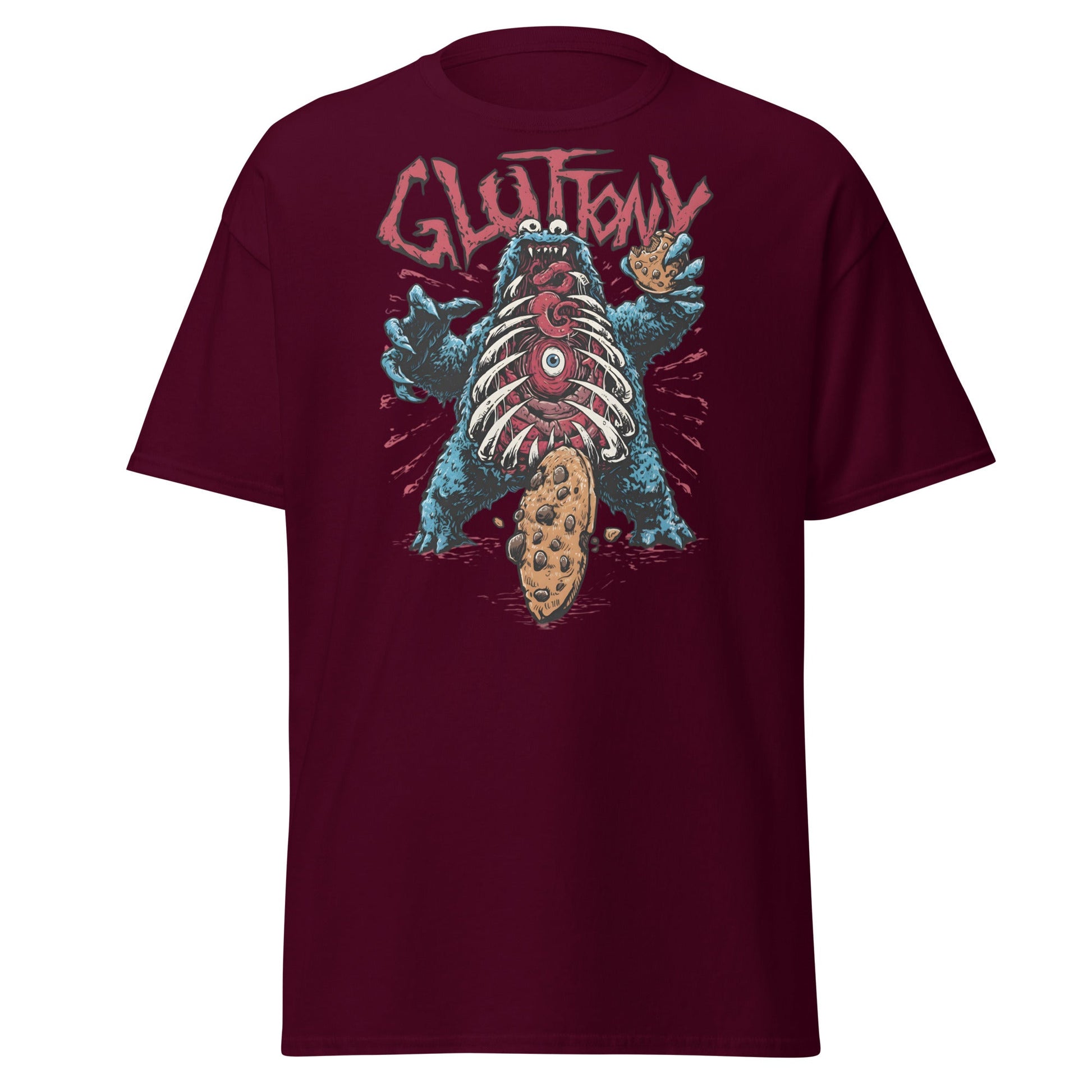 Gluttony Cookie Monster T-Shirt - Funny Horror Parody - Maroon - T-Shirts Online
