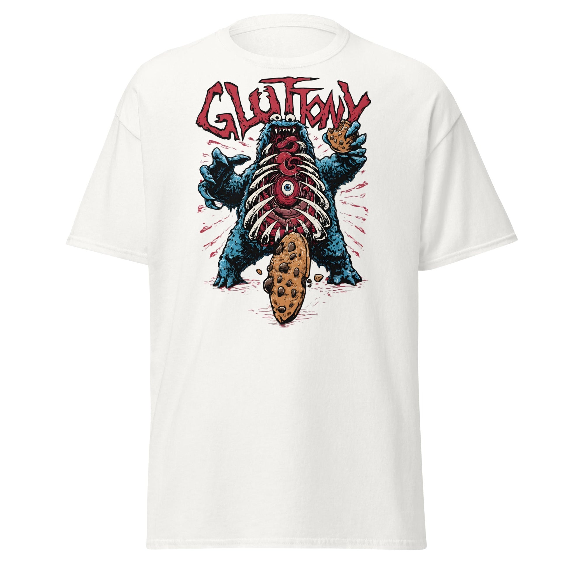 Gluttony Cookie Monster T-Shirt - Funny Horror Parody - White - T-Shirts Online
