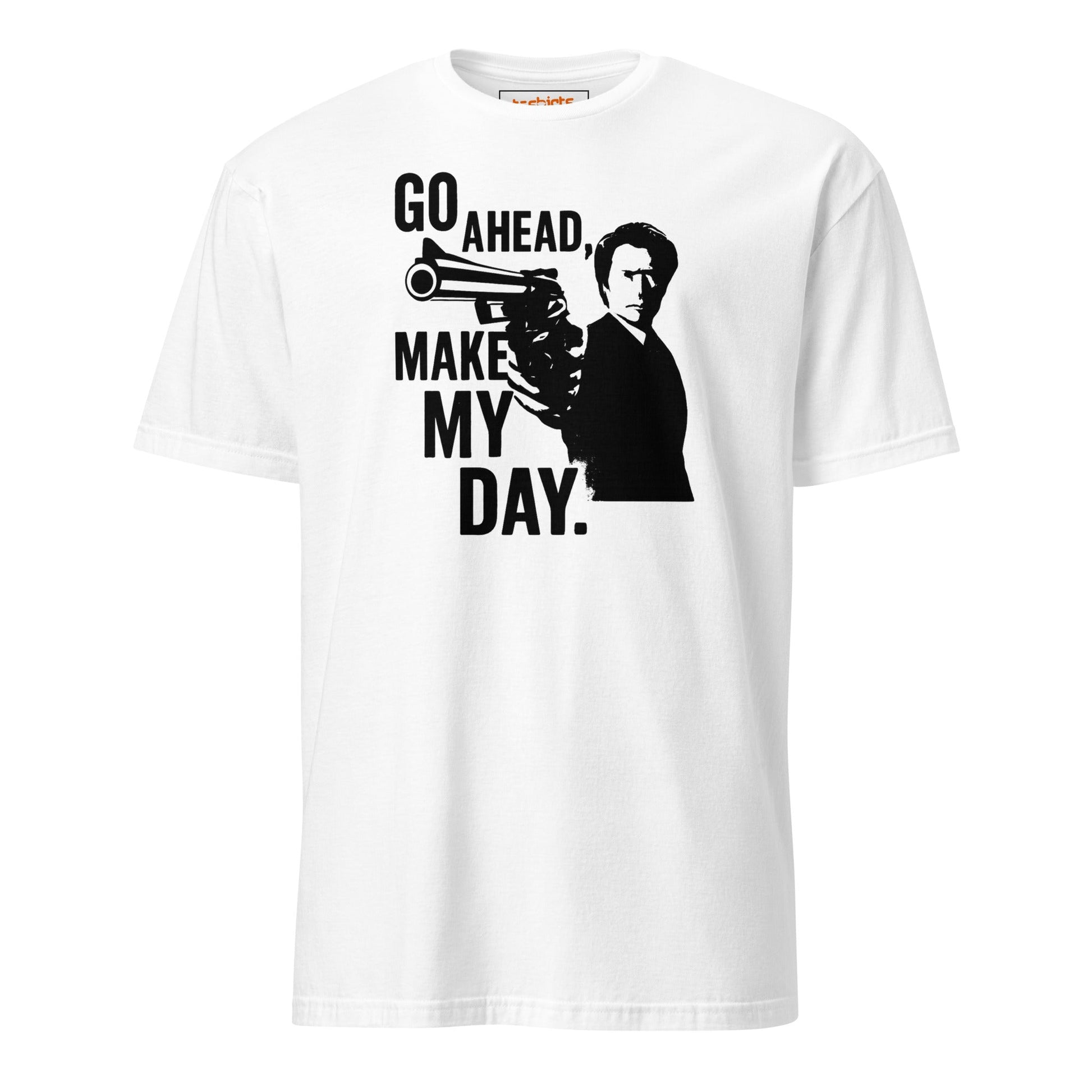 White t-shirt with black graphic and text 'Go ahead, make my day.' on a white background