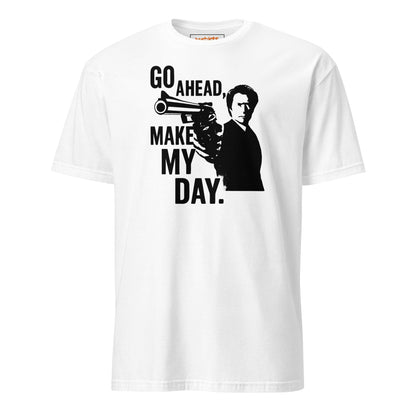 White t-shirt with black graphic and text 'Go ahead, make my day.' on a white background