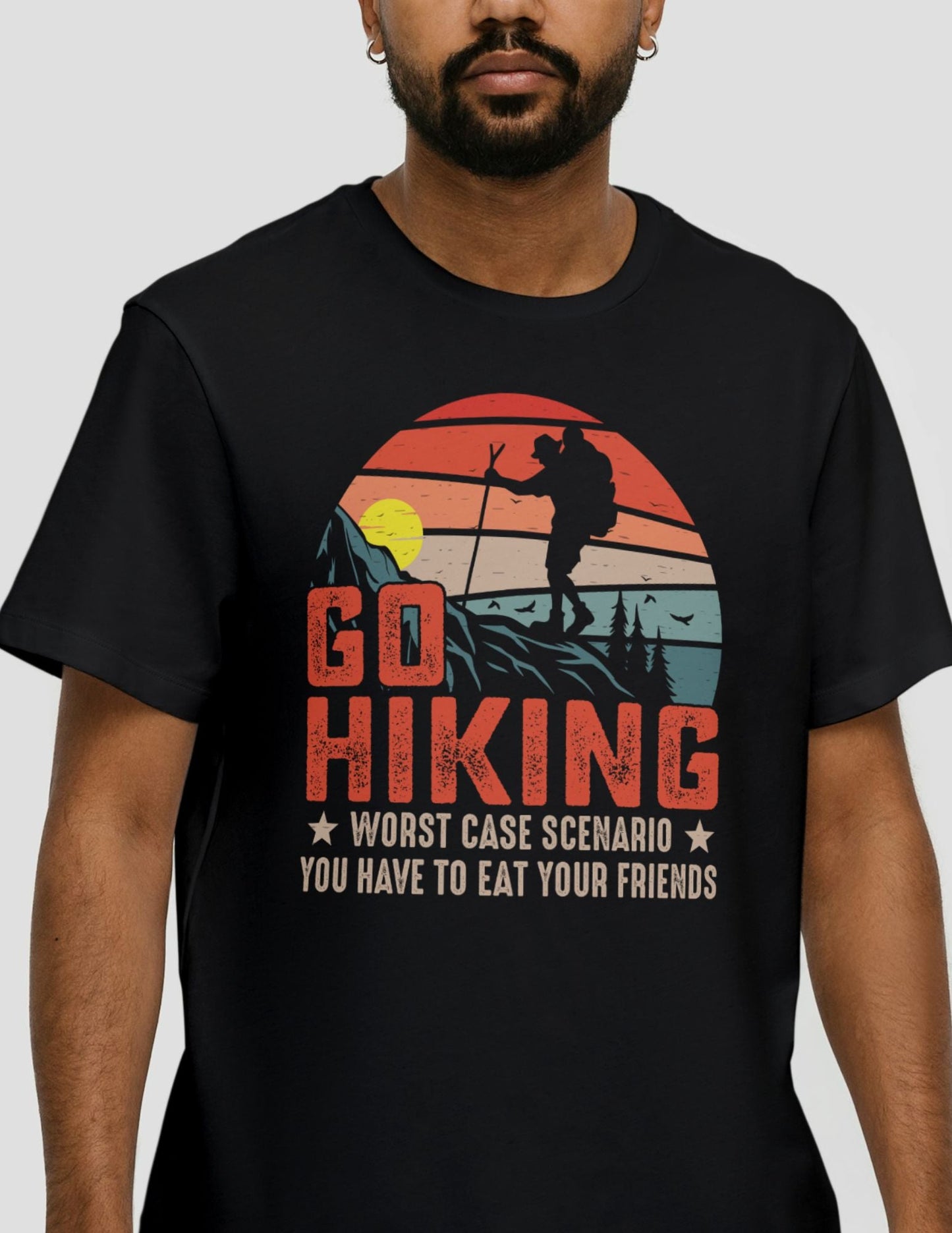Black hiking t-shirt with vintage sunset, hiker silhouette, and funny survival quote